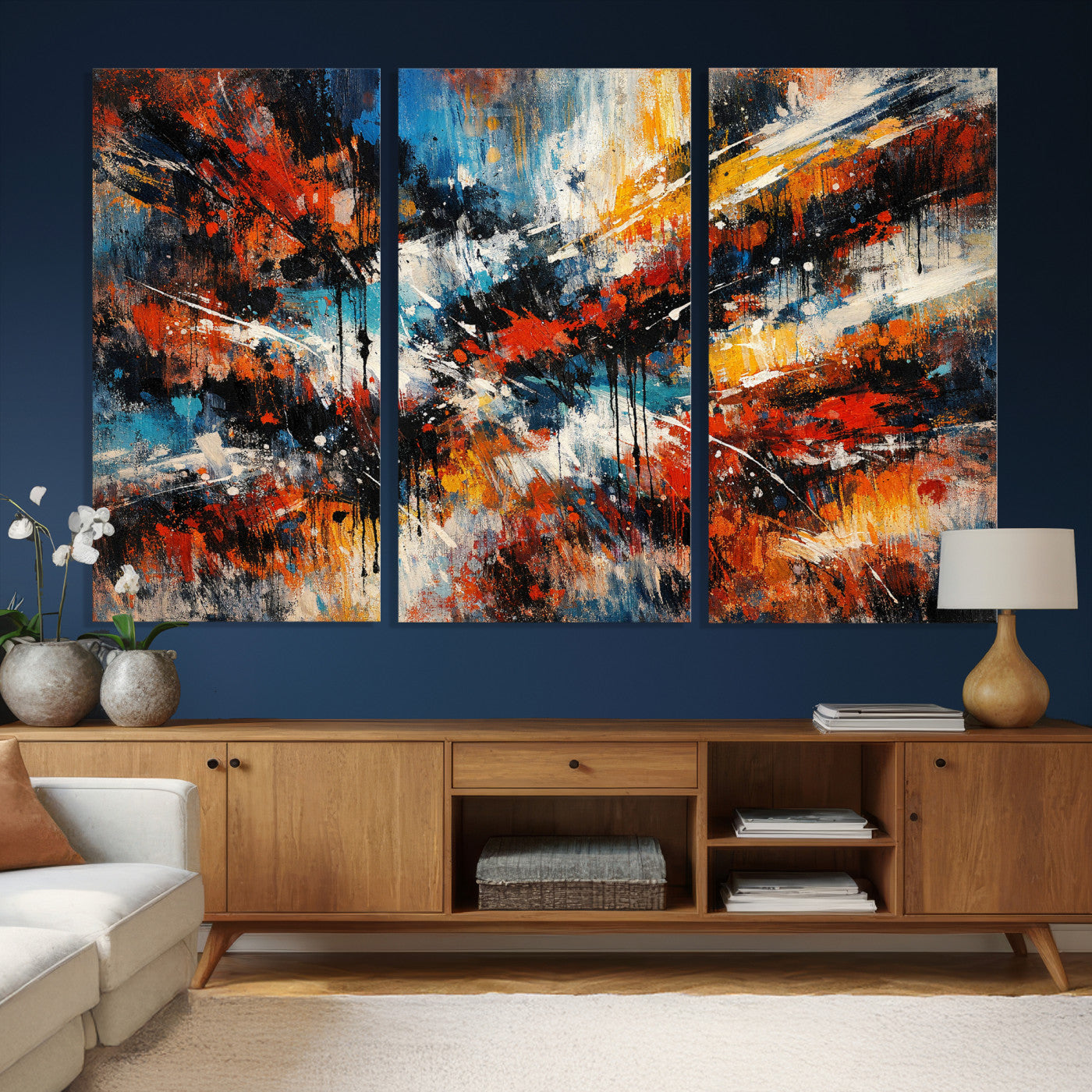 80276069-MGV-CV-36X24 - Geometric Abstract Wall Art Canvas Print, Orange Blue Abstract Expressionist Painting Print, Modern Geometric Abstract Canvas Art
