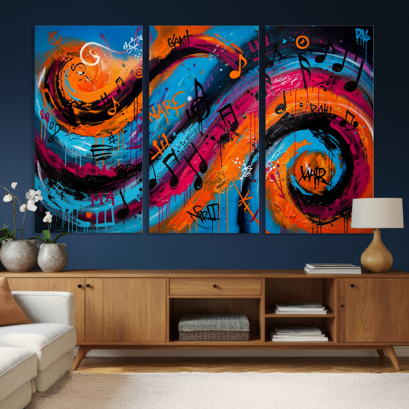 34936518-MGV-CV-36X24 - Geometric Abstract Wall Art Canvas Print, Orange Blue Abstract Expressionist Painting Print, Modern Geometric Abstract Canvas Art