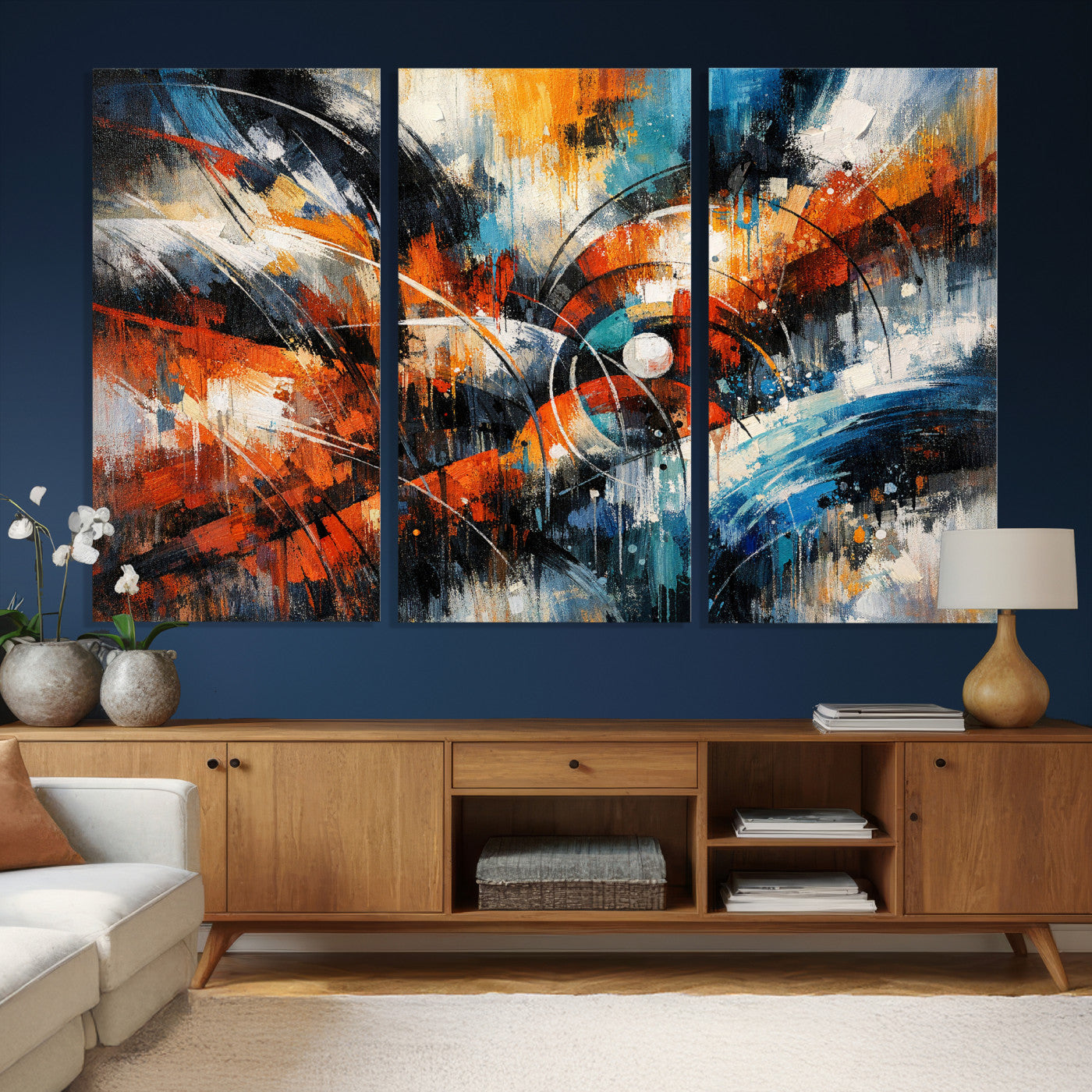 47120691-MGV-CV-36X24 - Geometric Abstract Wall Art Canvas Print, Orange Blue Abstract Expressionist Painting Print, Modern Geometric Abstract Canvas Art
