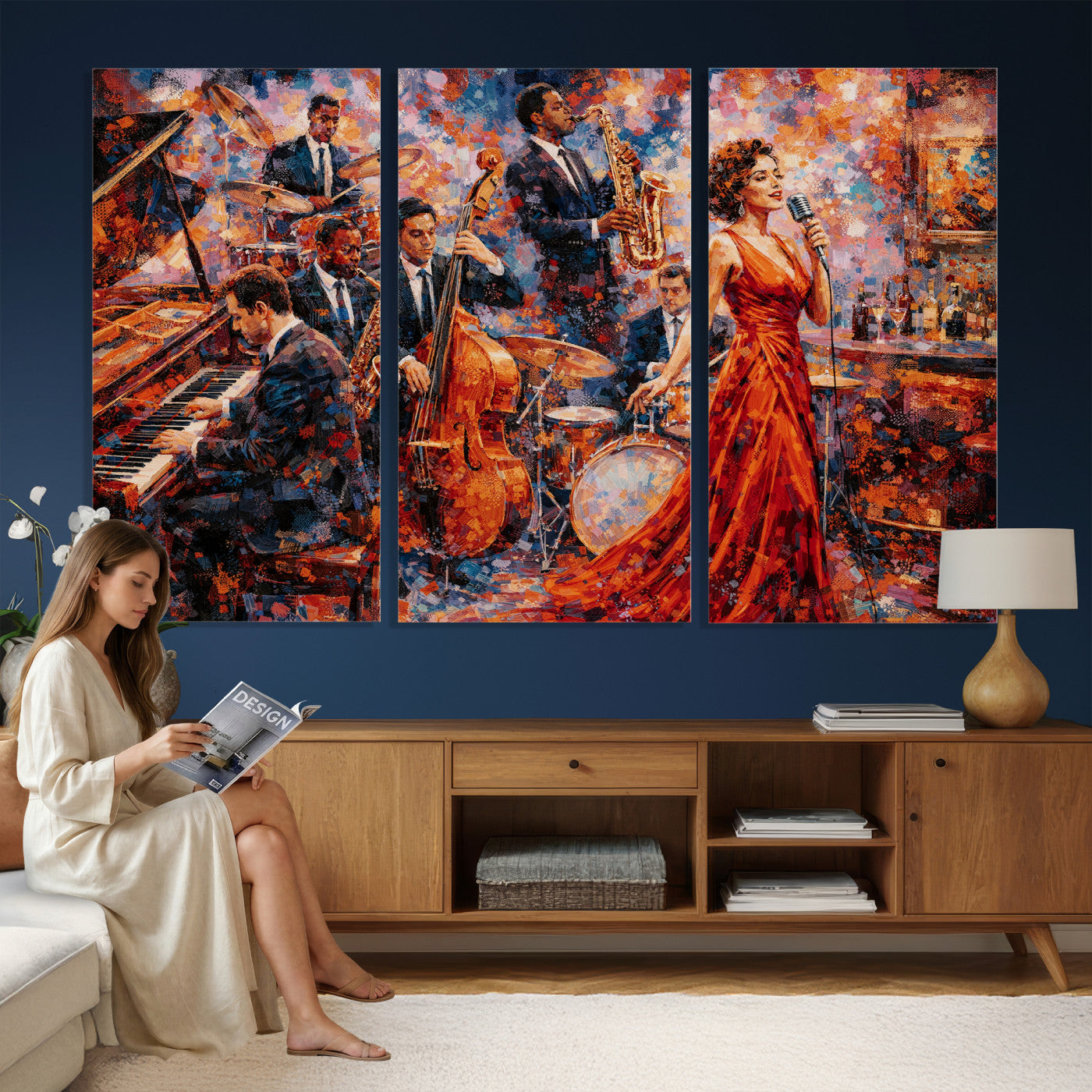 620930SF20-MGV-CV-36X24 - Jazz Band Canvas Wall Art — Jazz Club Singer Saxophone Print | Music Wall Decor | Bar Restaurant Art | Music Lover Gift | Jazz Home Decor