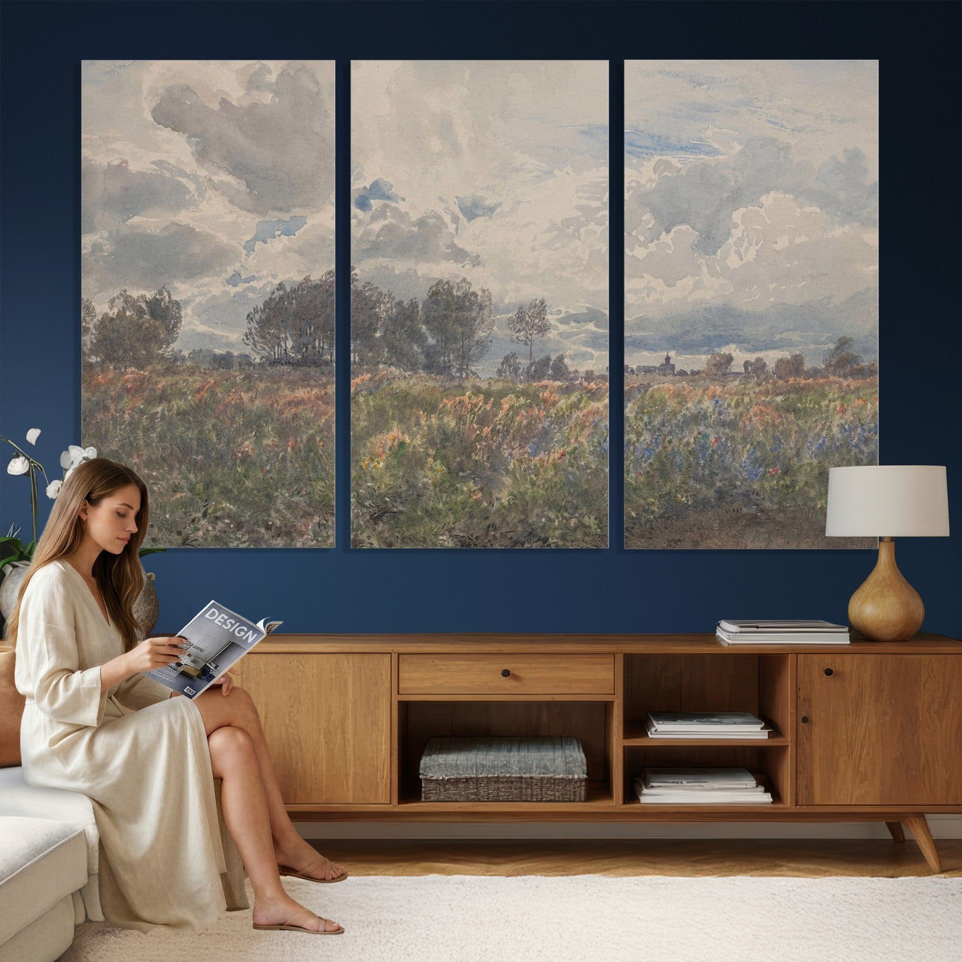 76626885-MGV-CV-36X24 - Vintage Watercolor Meadow Canvas Wall Art — English Pastoral Wildflower Storm Sky Print | Cottagecore Nature Decor | Classic Landscape Gift