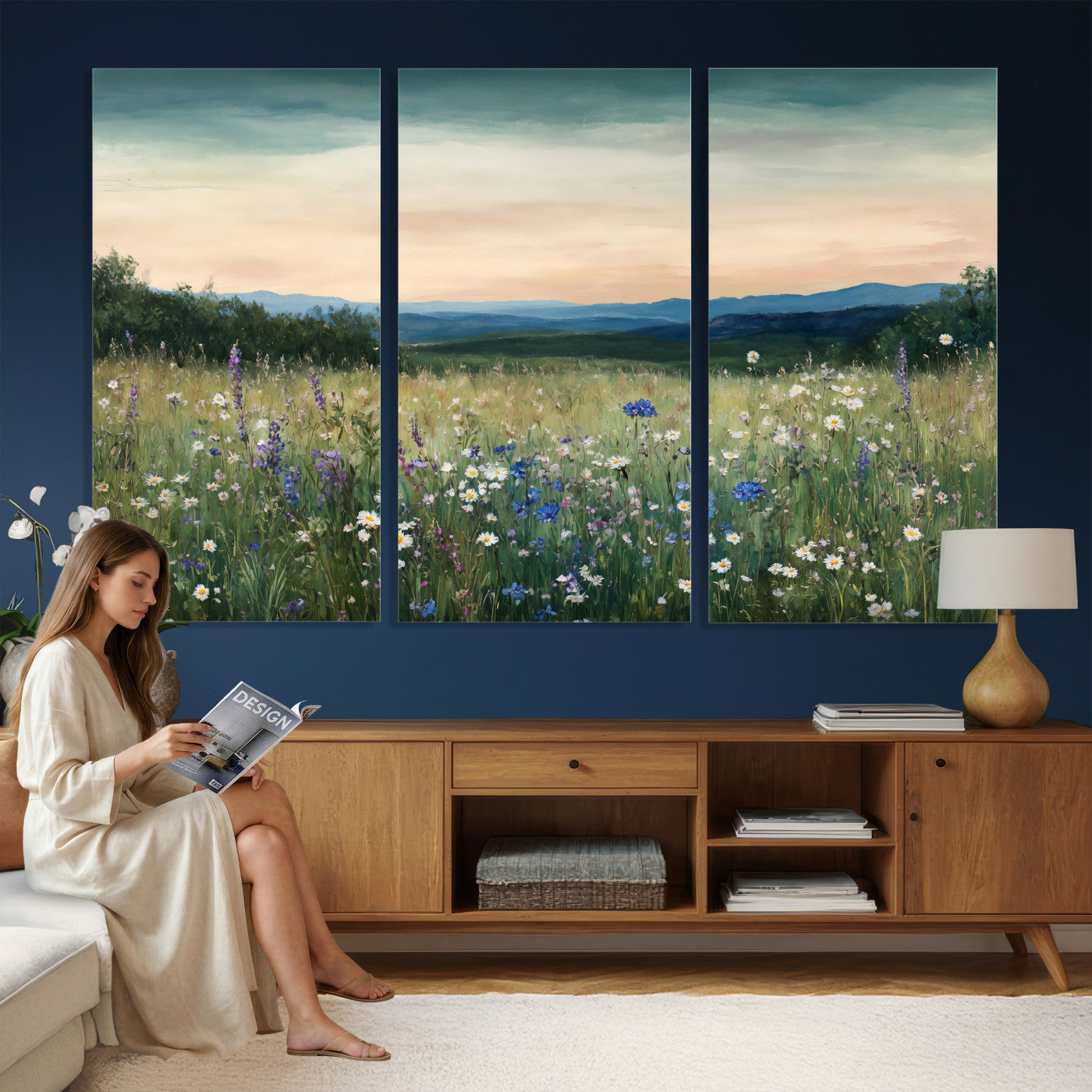 35773805-MGV-CV-36X24 - Wildflower Meadow Oil Painting Canvas Print - Daisy Lavender Mountain Sunset Print | Cottagecore Floral Wall Art - Bedroom Decor Gift for Her