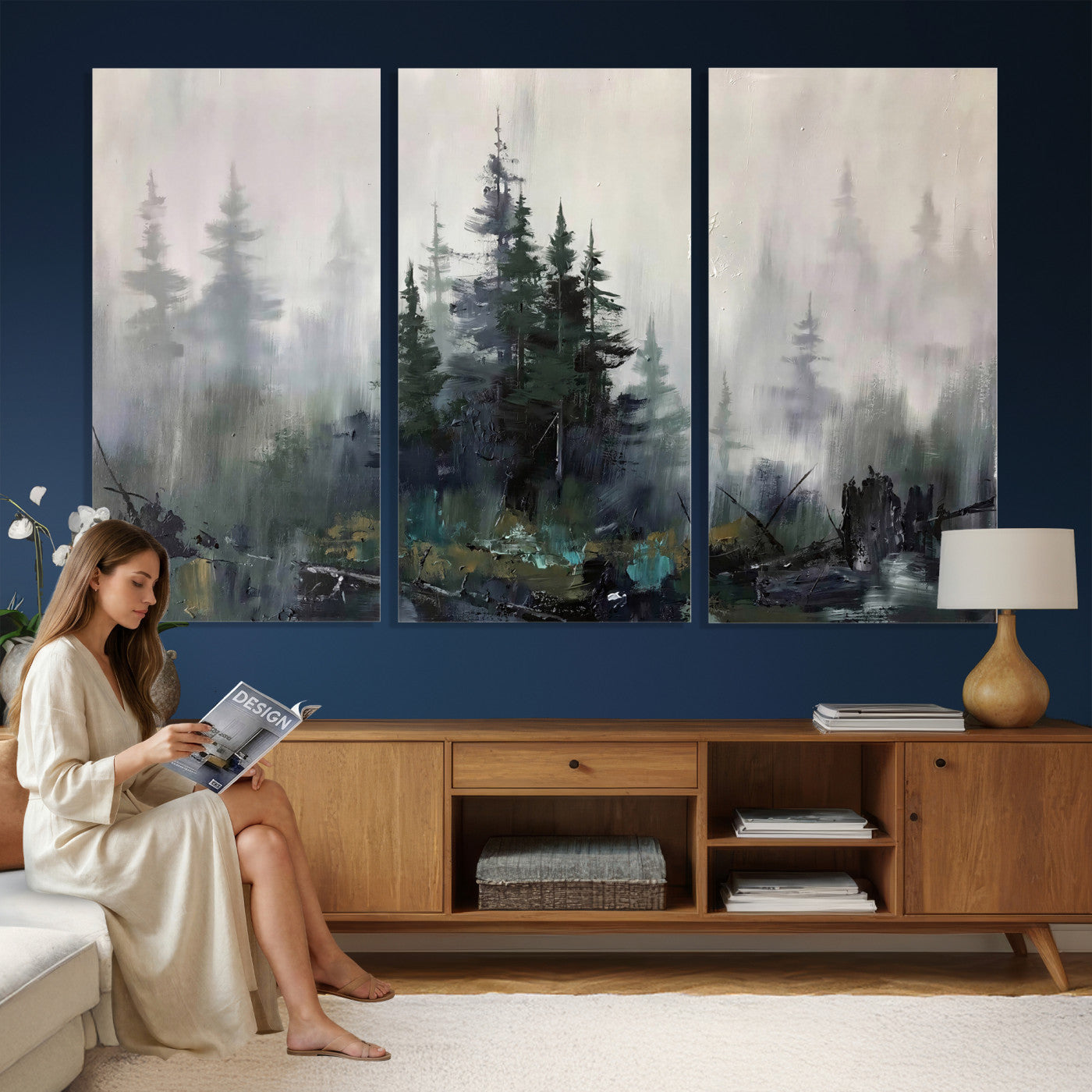94143325-MGV-CV-36X24 - Misty Pine Forest Oil Painting Canvas — Dark Moody Teal Grey Tree Print | Japandi Scandinavian Wall Art | Minimalist Nature Decor Gift