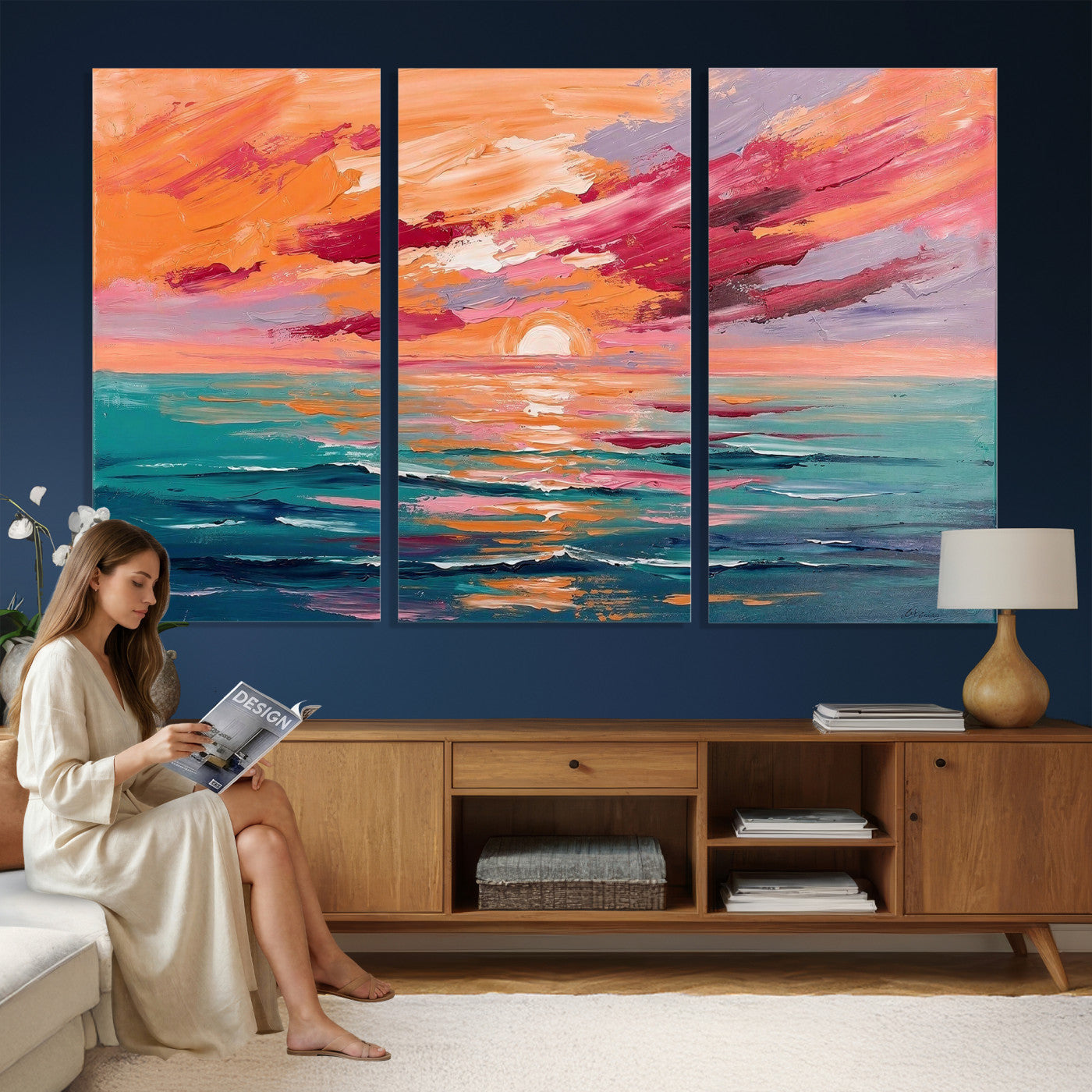 26763902-MGV-CV-36X24 - Bold Palette Knife Ocean Sunset Canvas — Orange Pink Teal Expressionist Sea Print | Colorful Coastal Wall Art | Vibrant Beach Decor Gift