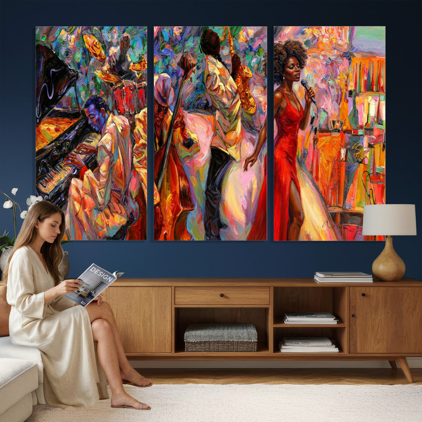 72615137-MGV-CV-36X24 - African American Jazz Singer Canvas Art - Red Dress Black Woman Music Print | Colorful Jazz Band Wall Decor | Living Room Gift for Her