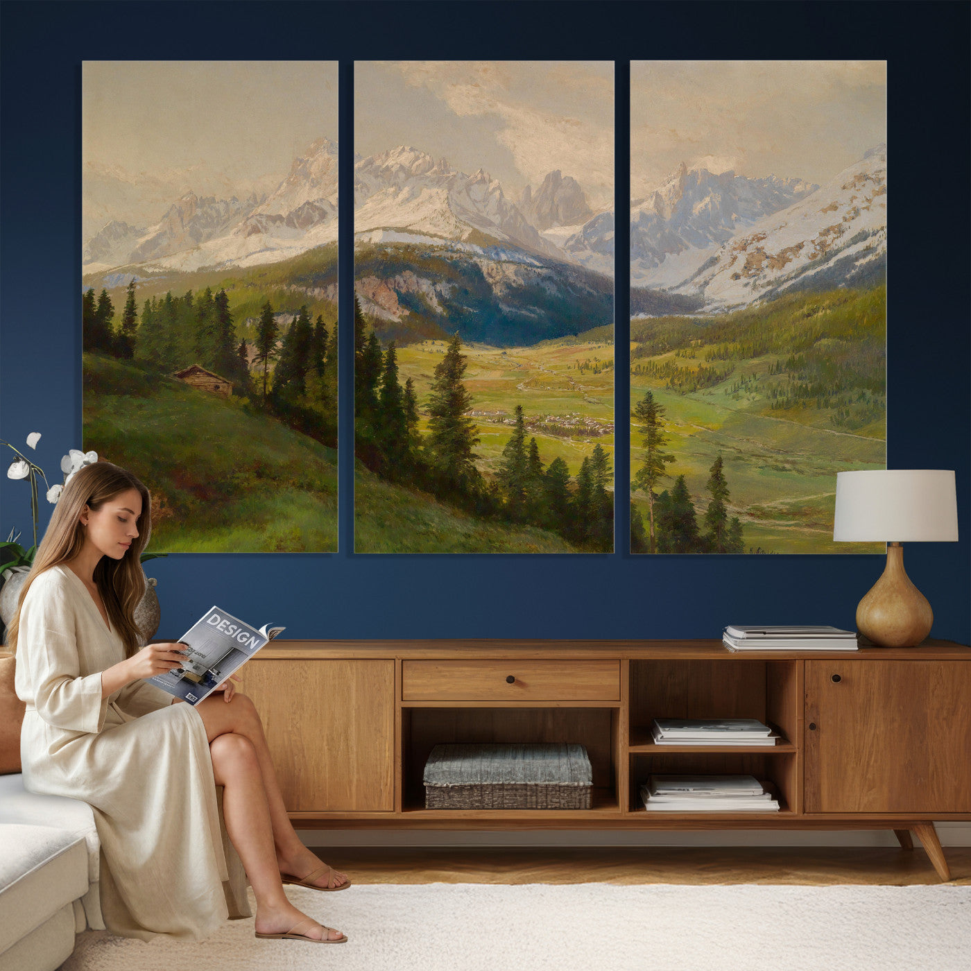 23120262-MGV-CV-36X24 - Konrad Petrides Sexten Village Canvas Print, Alpine Mountain Valley Painting, Dolomites Landscape Art