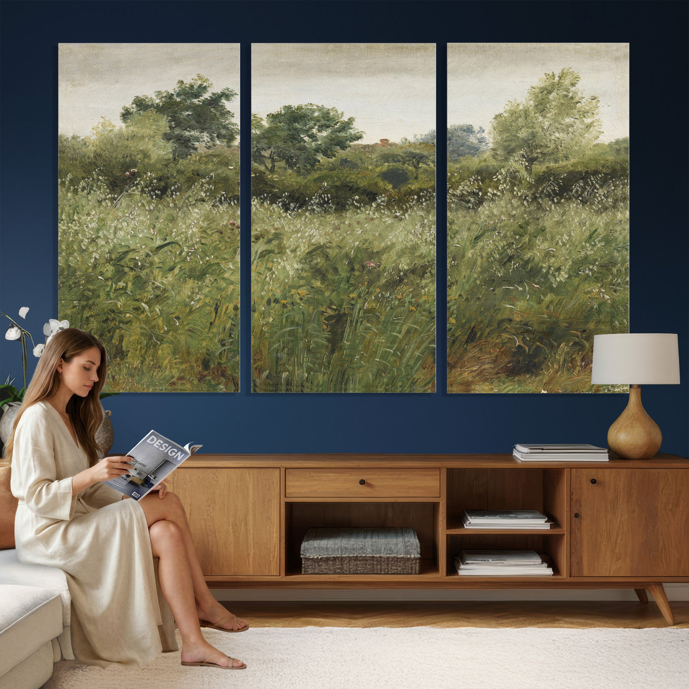 92328261-MGV-CV-36X24 - Wildflower Meadow Canvas Wall Art, Impressionist Overgrown Field Painting Print, Vintage Green Nature Decor, Cottagecore Botanical Art, Living Room Print