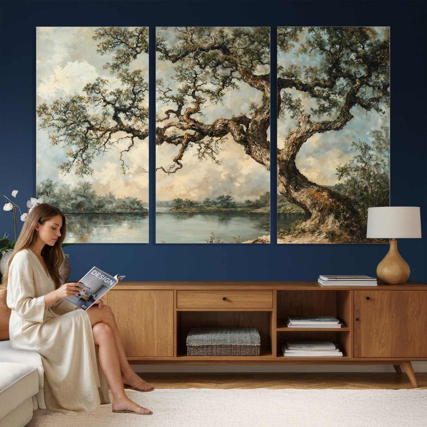 63857726-MGV-CV-36X24 - Old Oak Tree Canvas Wall Art, Turner Inspired Romantic Landscape Print, Vintage Nature Painting, Living Room Wall Decor, Antique Style Tree Art
