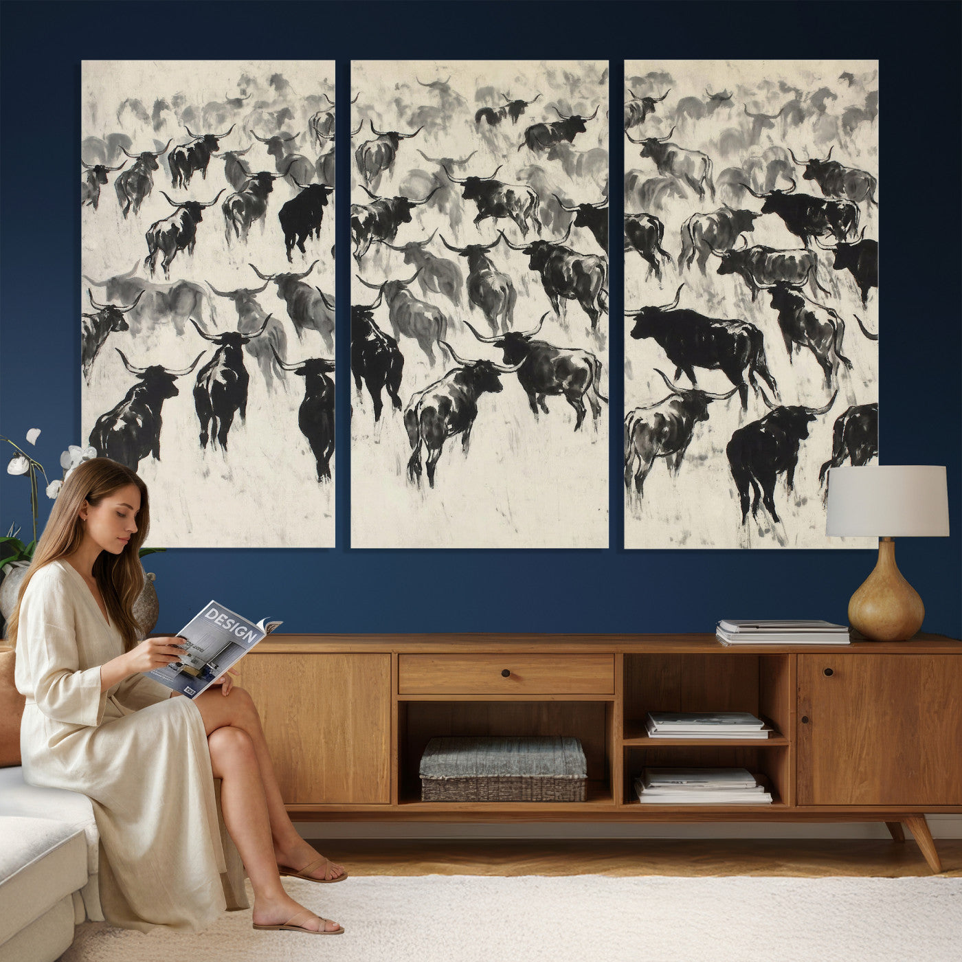 68669792-MGV-CV-36X24 - Longhorn Cattle Canvas Wall Art, Black White Stampede Ink Painting Print, Western Farmhouse Decor, Bull Herd Art, Large Living Room Wall Art, Ranch Home Decor