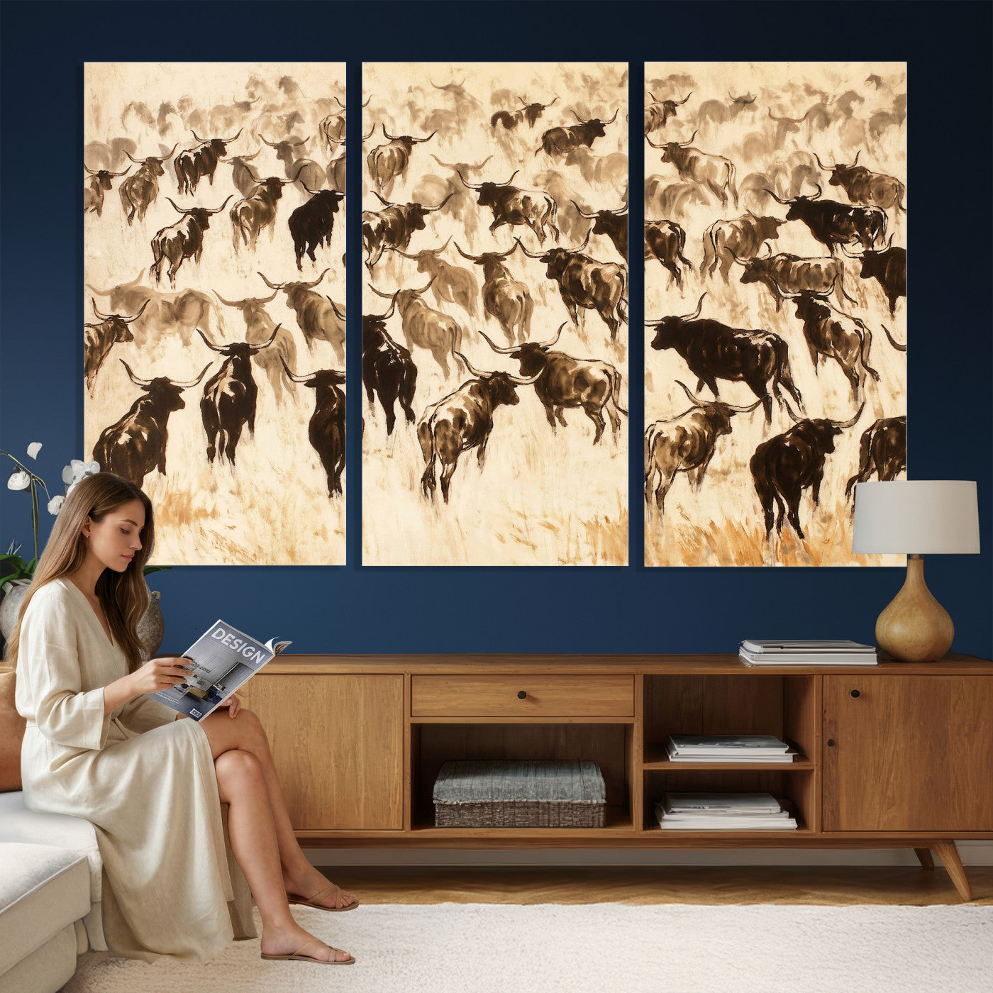 39077774-MGV-CV-36X24 - Texas Longhorn Sepia Canvas Wall Art, Western Cattle Stampede Painting Print, Warm Amber Ranch Decor, Rustic Cowboy Home Art, Large Living Room Decor