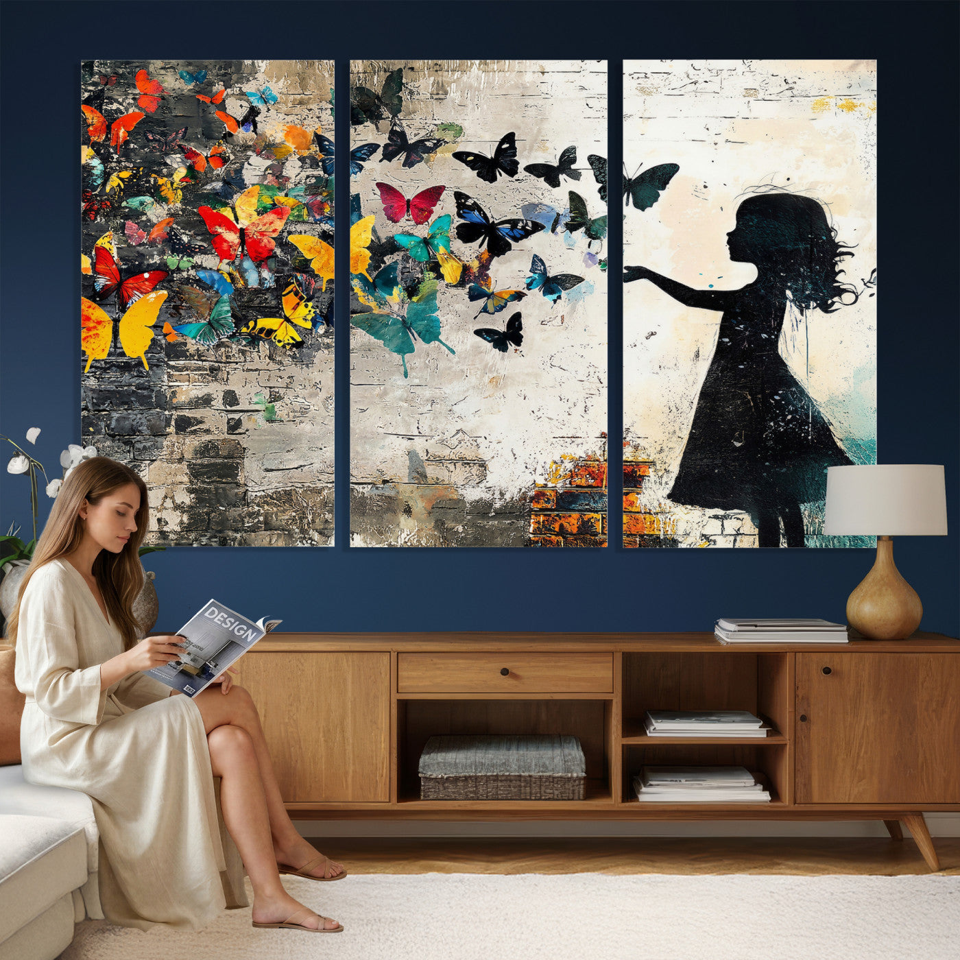 33909022-MGV-CV-36X24 - Banksy Butterfly Girl Wall Art Canvas Print, Framed Street Art Silhouette Graffiti Artwork, Colorful Butterfly Wall Decor for Living Room Bedroom Office