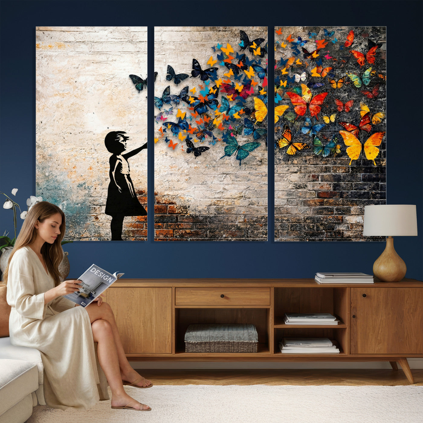 78760384-MGV-CV-36X24 - Banksy Graffiti Butterfly Girl Wall Art Canvas Print, Framed Street Art Canvas Print, Silhouette Butterfly Wall Art for Living Room Bedroom Office