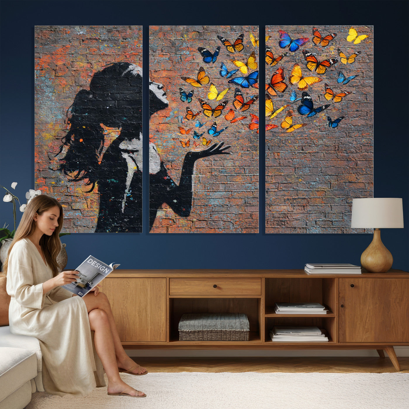 10555939-MGV-CV-36X24 - Urban Banksy Butterfly Girl Wall Art Canvas Print, Framed Street Art Canvas Print, Graffiti Silhouette Butterfly Wall Art for Living Room Bedroom Office