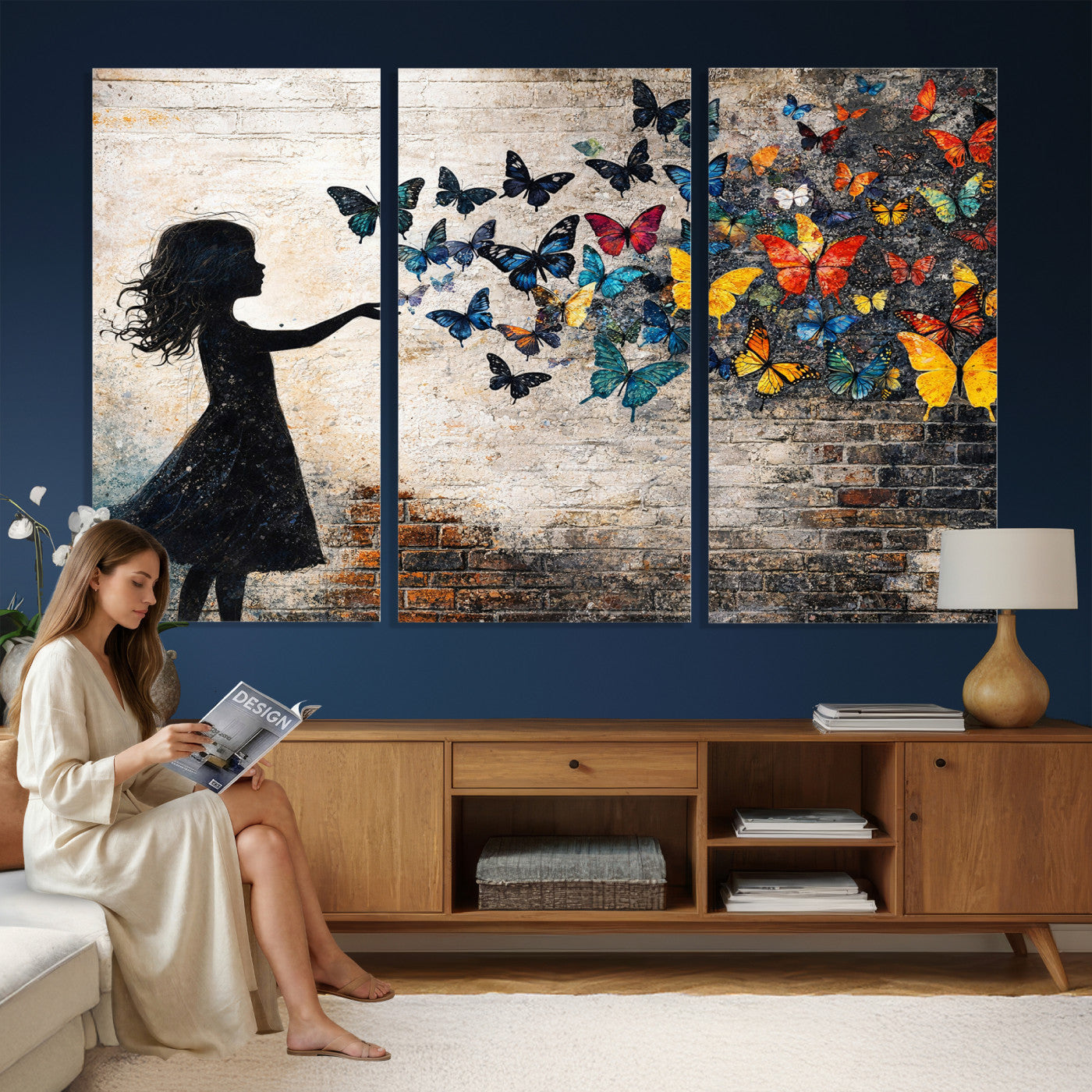 70522594-MGV-CV-36X24 - Banksy Butterfly Girl Wall Art Canvas Print, Framed Street Art Canvas Print, Graffiti Silhouette Butterfly Wall Art for Living Room Bedroom Office