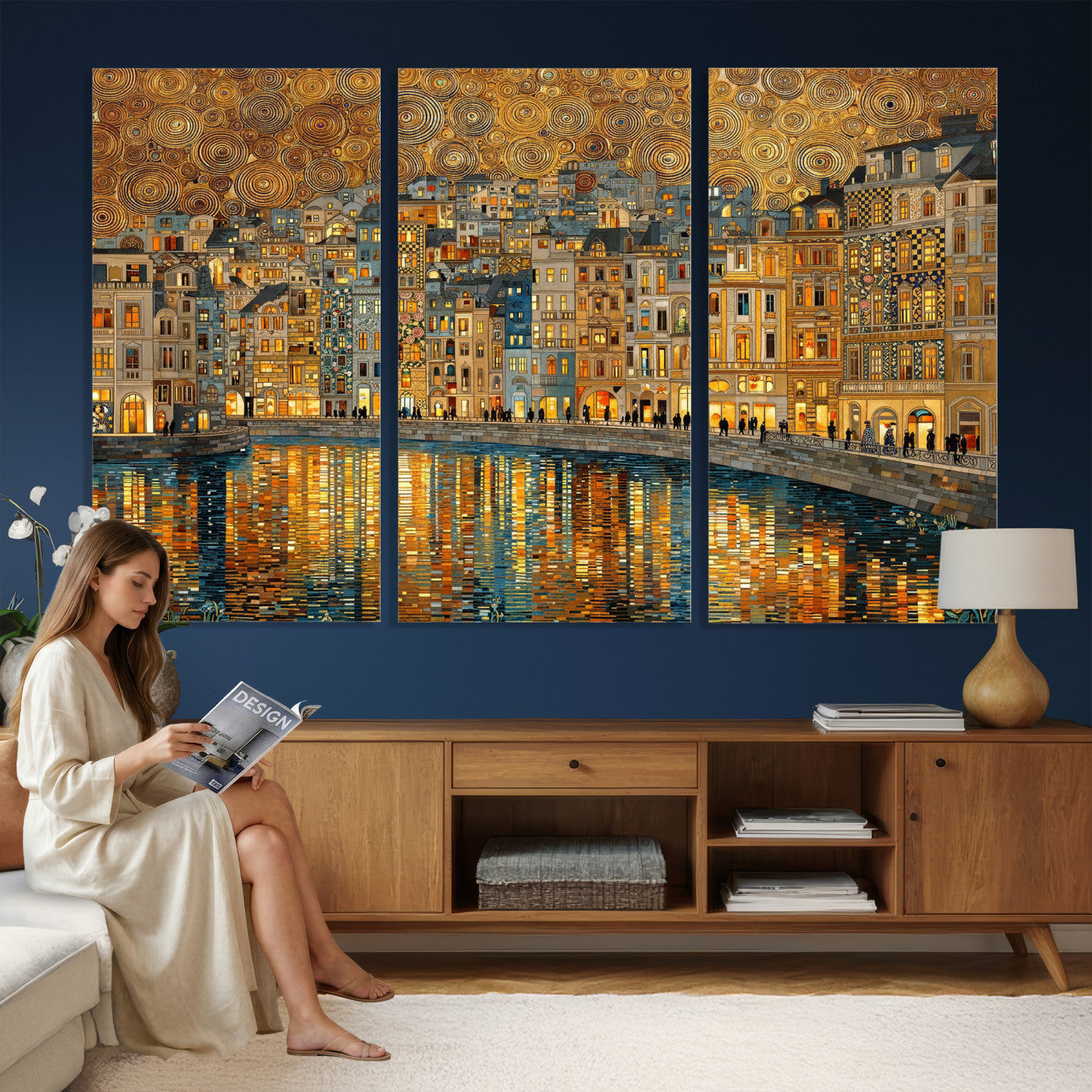 94022787-MGV-CV-36X24 - Gustav Klimt Golden Cityscape Wall Art Canvas Print, Framed River Town Landscape Artwork, Ornate Architecture Wall Decor for Living Room Bedroom Office