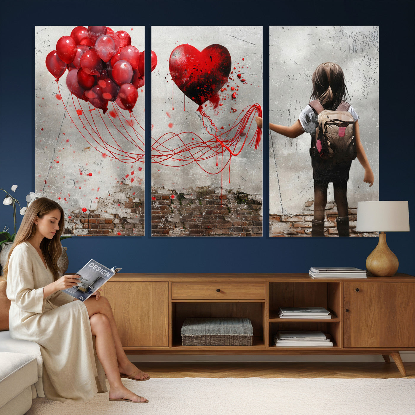 2162830T-MGV-CV-36X24 - Girl Graffiti Wall Art Canvas Print, Red Balloon Heart Street Art, Urban Love Artwork for Living Room Bedroom Hallway Office, Modern Abstract Canvas Wall Decor Home Decor