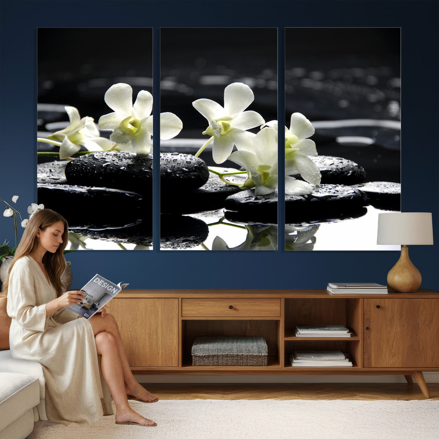 79486206-MGV-CV-36X24 - Plumeria Frangipani Black Stone Canvas | White Flower Spa Photography Print | Tropical Zen Wall Art | Grey Pebble Floral for Meditation Room Decor
