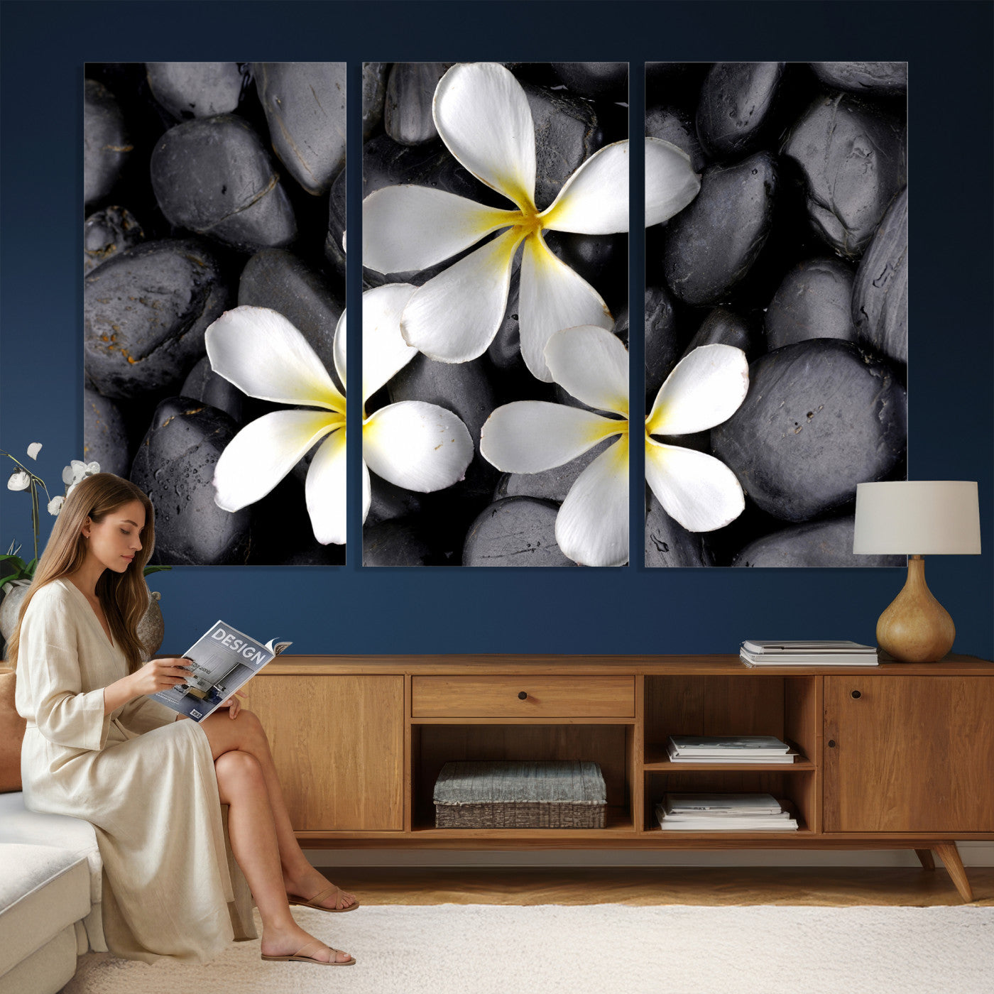 43639613-MGV-CV-36X24 - Plumeria Frangipani Black Stone Canvas | White Flower Spa Photography Print | Tropical Zen Wall Art | Grey Pebble Floral Decor