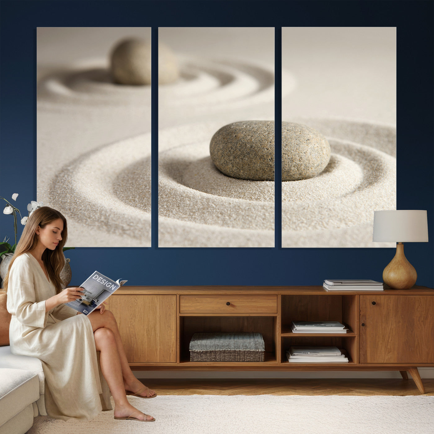13397966-MGV-CV-36X24 - Zen Garden Stone Sand Canvas | Japanese Rock Garden Wall Art | Minimalist Meditation Print | Neutral Beige Mindfulness Decor
