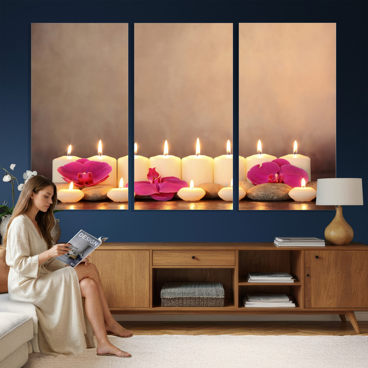 59470569-MGV-CV-36X24 - Spa Candles Orchid Canvas Print | Zen Wellness Relaxation Wall Art | Pink Flower Candlelight Bathroom Decor | Calm Beige Photography