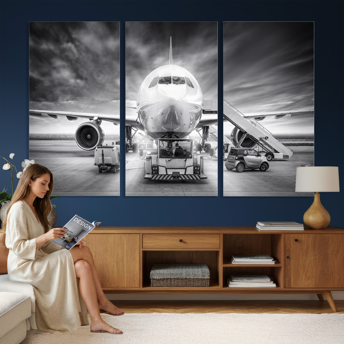 85885848-MGV-CV-36X24 - Airplane Wall Art Canvas Print, Black and White Jet Aircraft Airport Runway Framed Aviation Artwork for Pilot Office Hangar Travel Decor