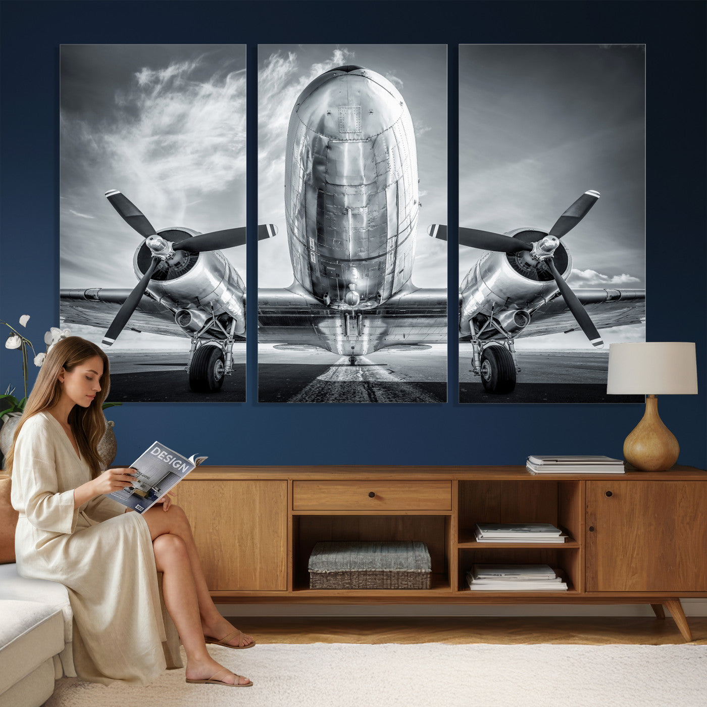 59729636-MGV-CV-36X24 - Vintage Propeller Plane Wall Art Canvas Print, Black and White Airplane Engine Close Up Framed Aviation Artwork for Pilot Office Hangar Decor