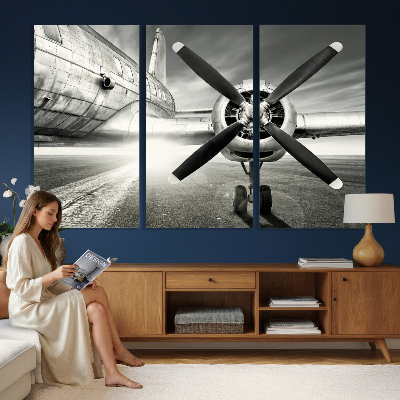 16420255-MGV-CV-36X24 - Vintage Airplane Wall Art Canvas Print, Black and White Propeller Aircraft Framed Aviation Artwork for Pilot Office Hangar Living Room Decor