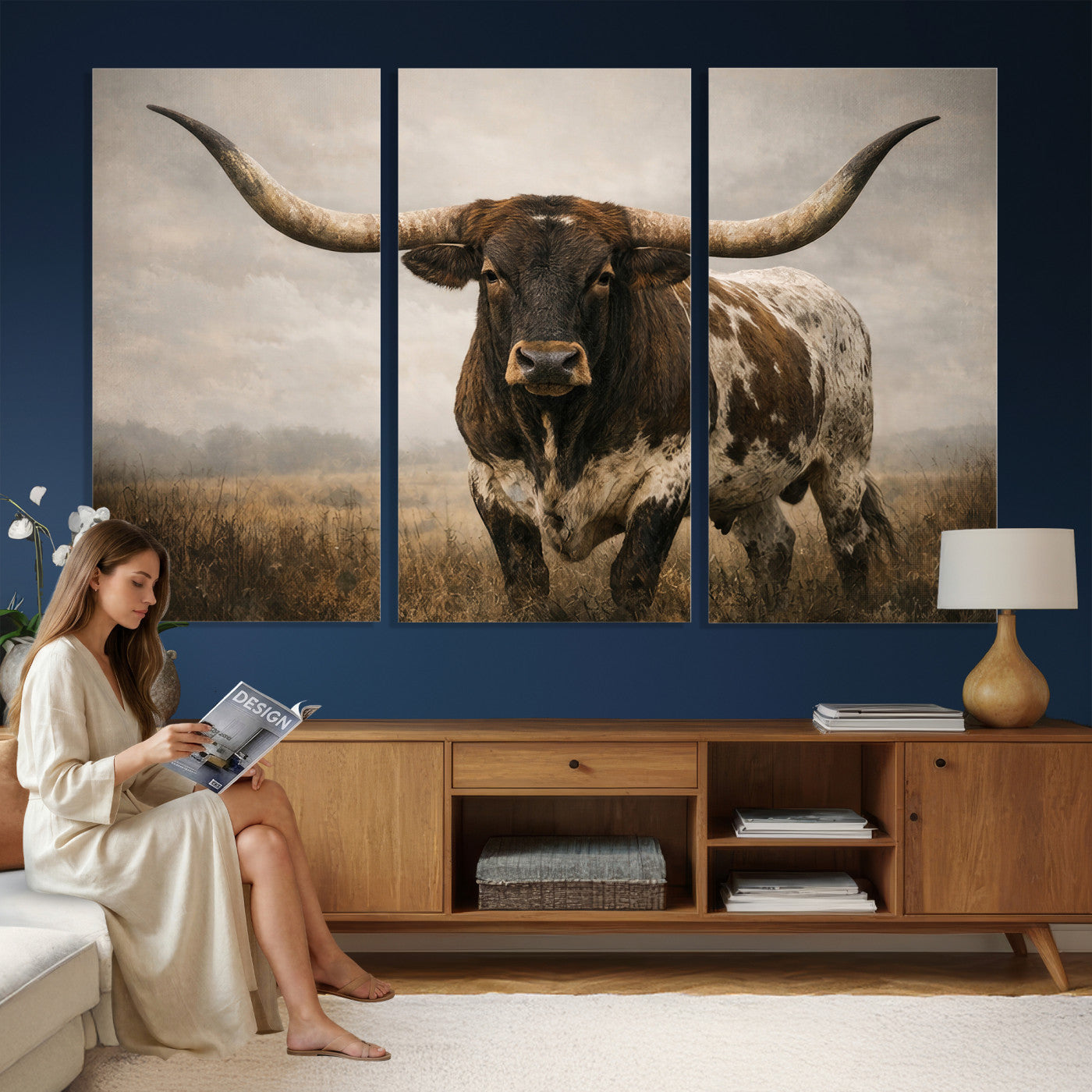 17622011L-MGV-CV-36X24 - Longhorn Bull Wall Art Canvas Print, Western Farmhouse Cowboy Decor, Rustic Texas Ranch Cattle Artwork for Living Room Bedroom Office, Framed Wall Decor