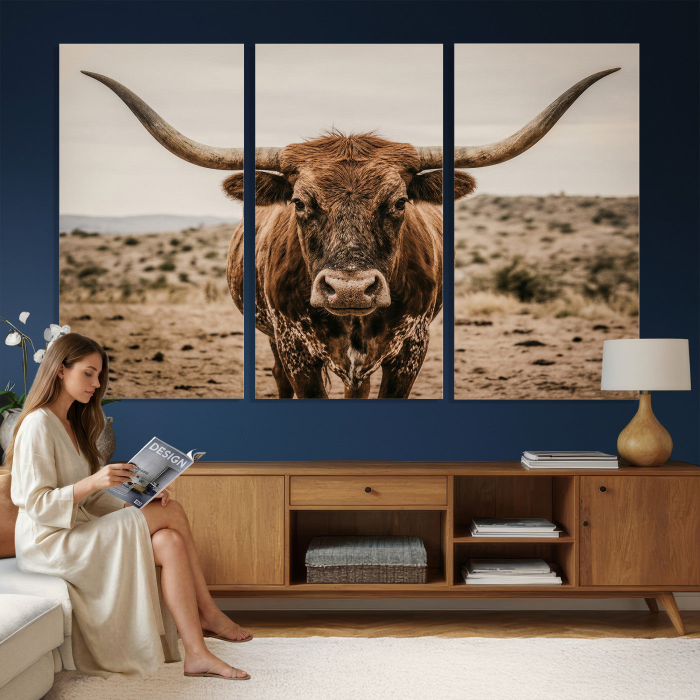 17622011K-MGV-CV-36X24 - Texas Longhorn Bull Wall Art Canvas Print, Western Farmhouse Cowboy Decor, Rustic Texas Ranch Cattle Artwork for Living Room Bedroom Office, Framed Wall Decor