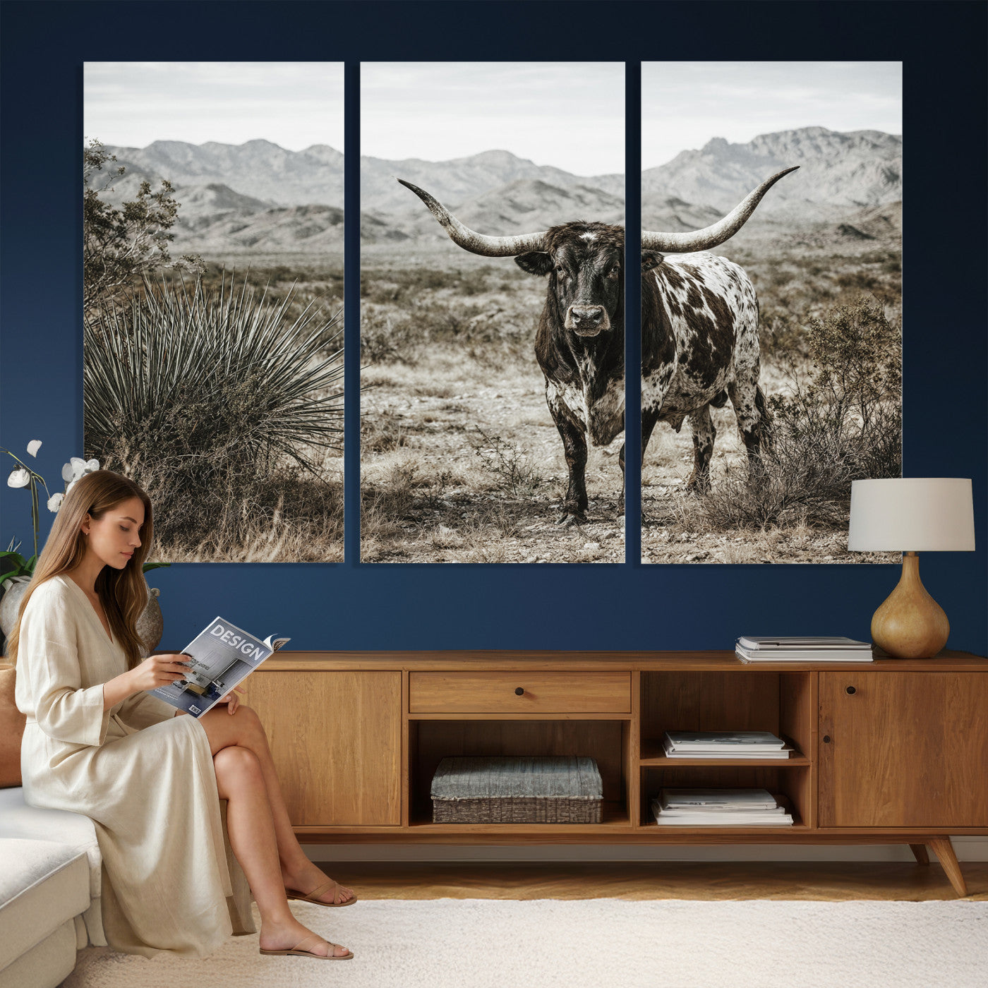 17622011H-MGV-CV-36X24 - Texas Longhorn Bull Wall Art Canvas Print, Western Farmhouse Cowboy Decor, Rustic Texas Ranch Cattle Artwork for Living Room Bedroom Office, Framed Wall Decor
