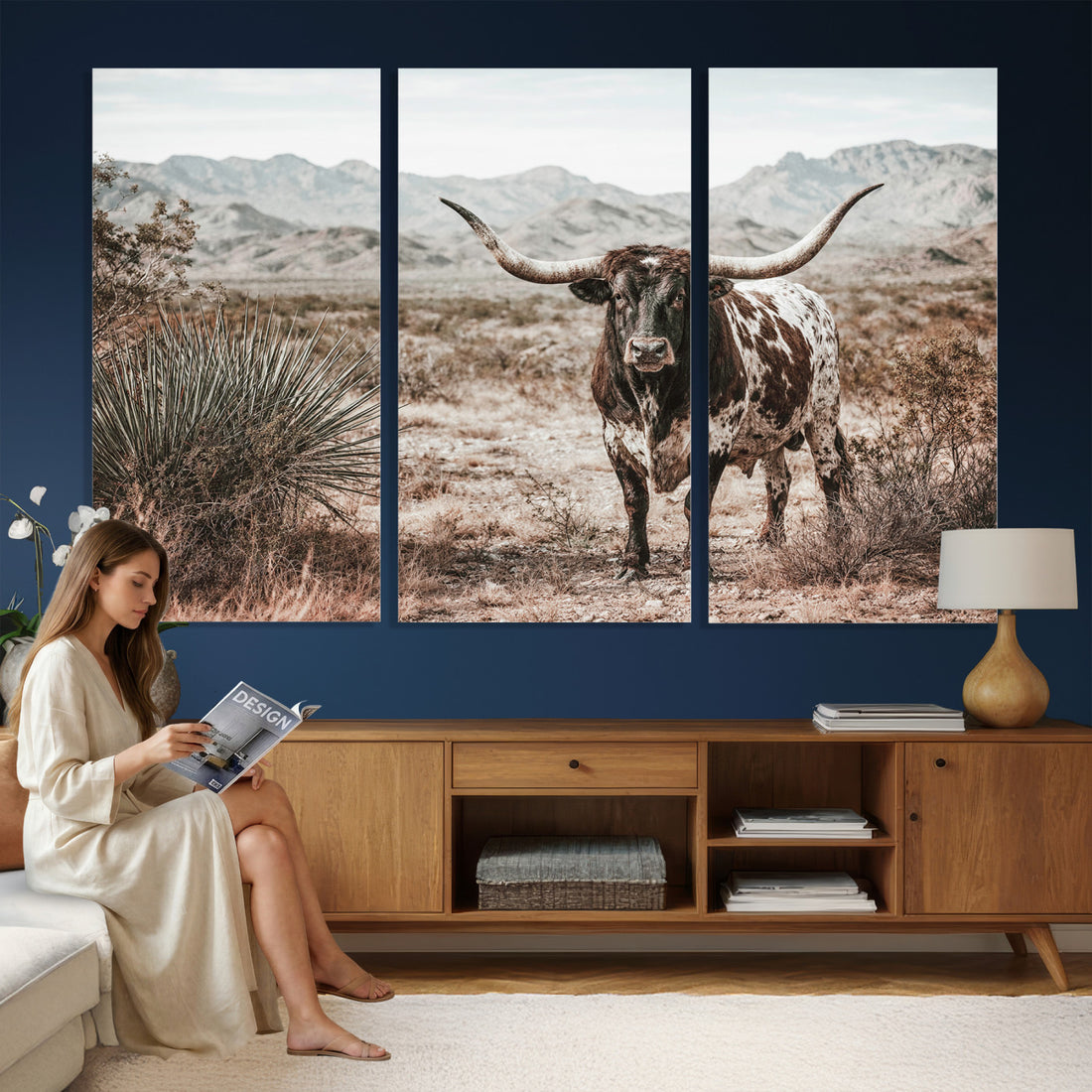 Texas Longhorn Bull Wall Art Canvas Print, Western Farmhouse Decor, Framed and Ready to Hang