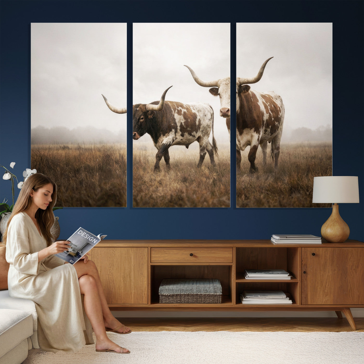 92881702-MGV-CV-36X24 - Texas Longhorn Canvas Wall Art Western Bull Desert Moody Grey Overcast Rustic Farmhouse Framed Large for Living Room Bedroom Office Decor