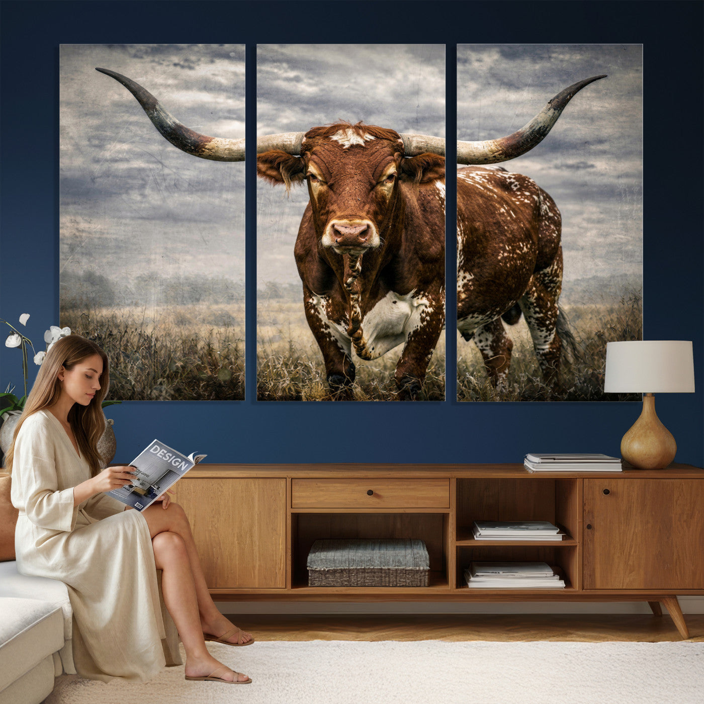 14372769-MGV-CV-36X24 - Texas Longhorn Canvas Wall Art Western Bull Desert Moody Grey Overcast Rustic Farmhouse Framed Large for Living Room Bedroom Office Decor