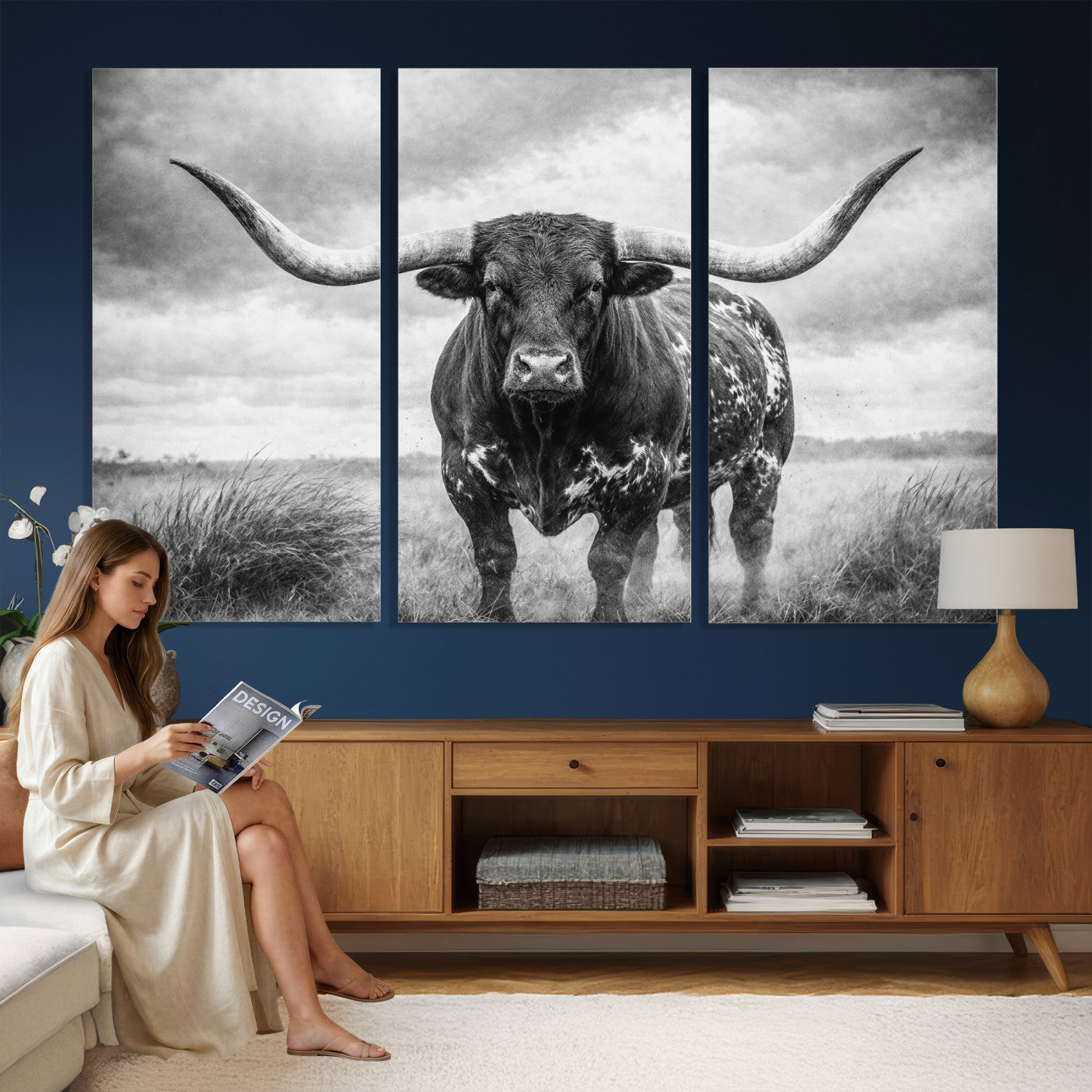 19951238-MGV-CV-36X24 - Texas Longhorn Canvas Wall Art Western Bull Desert Moody Grey Overcast Rustic Farmhouse Framed Large for Living Room Bedroom Office Decor