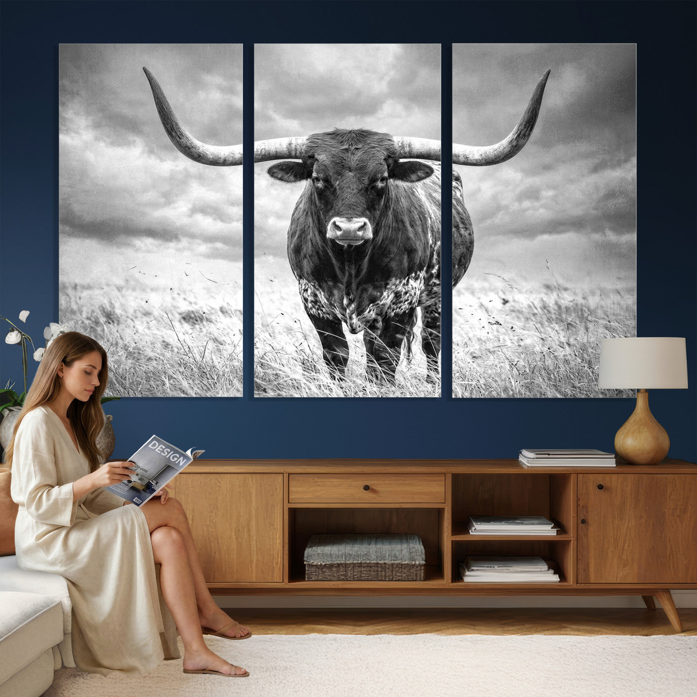 63336115-MGV-CV-36X24 - Texas Longhorn Canvas Wall Art Western Bull Desert Moody Grey Overcast Rustic Farmhouse Framed Large for Living Room Bedroom Office Decor