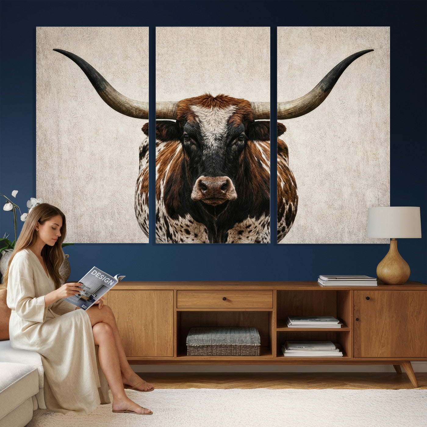 58622065-MGV-CV-36X24 - Texas Longhorn Canvas Wall Art Western Bull Desert Moody Grey Overcast Rustic Farmhouse Framed Large for Living Room Bedroom Office Decor