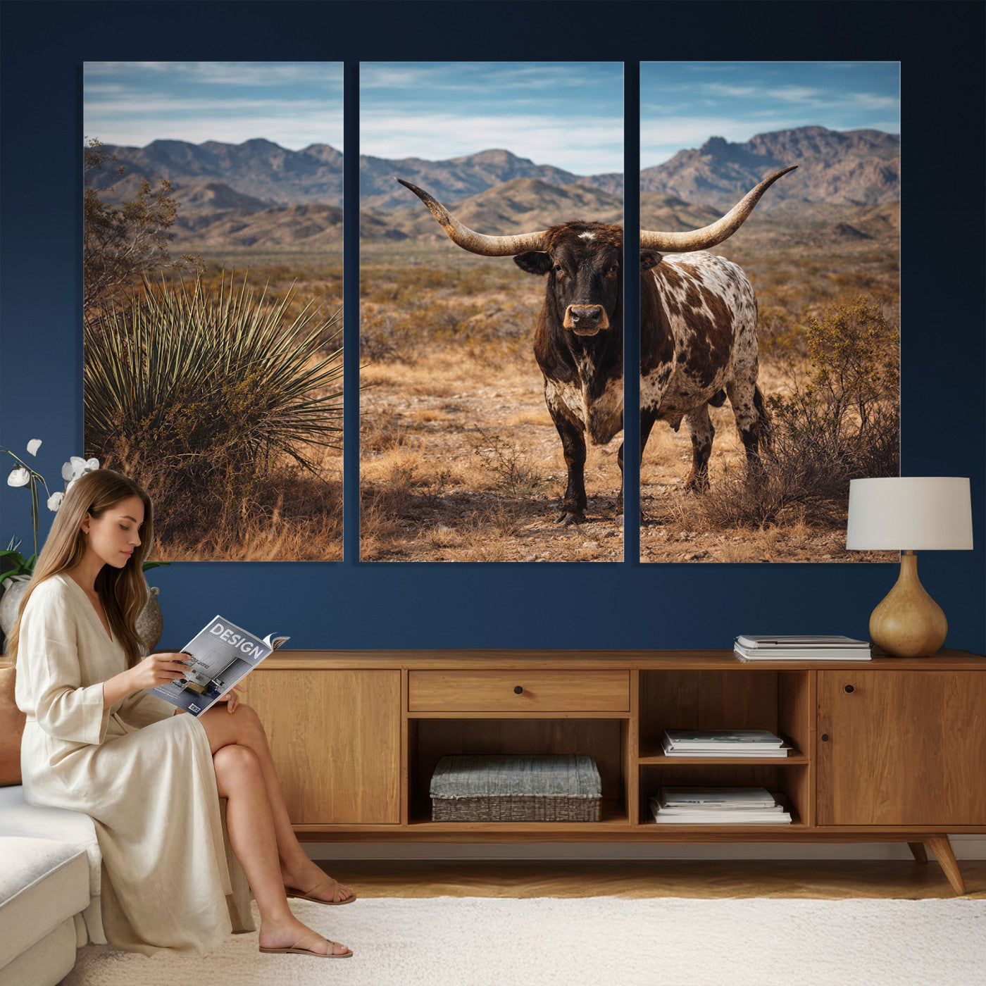26448918-MGV-CV-36X24 - Texas Longhorn Canvas Wall Art Western Bull Desert Moody Grey Overcast Rustic Farmhouse Framed Large for Living Room Bedroom Office Decor