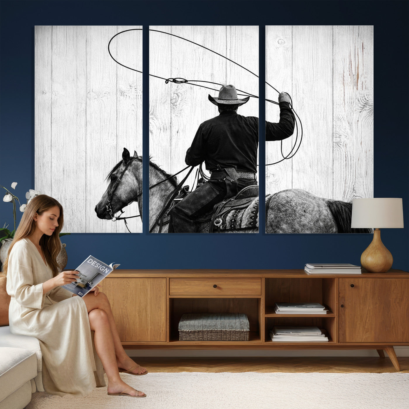 22569358-MGV-CV-36X24 - Cowboy Lasso Canvas Wall Art, Black White Western Horse Photo Print, Rustic Ranch Rodeo Decor, Farmhouse Western Art, Cowboy Gift for Him
