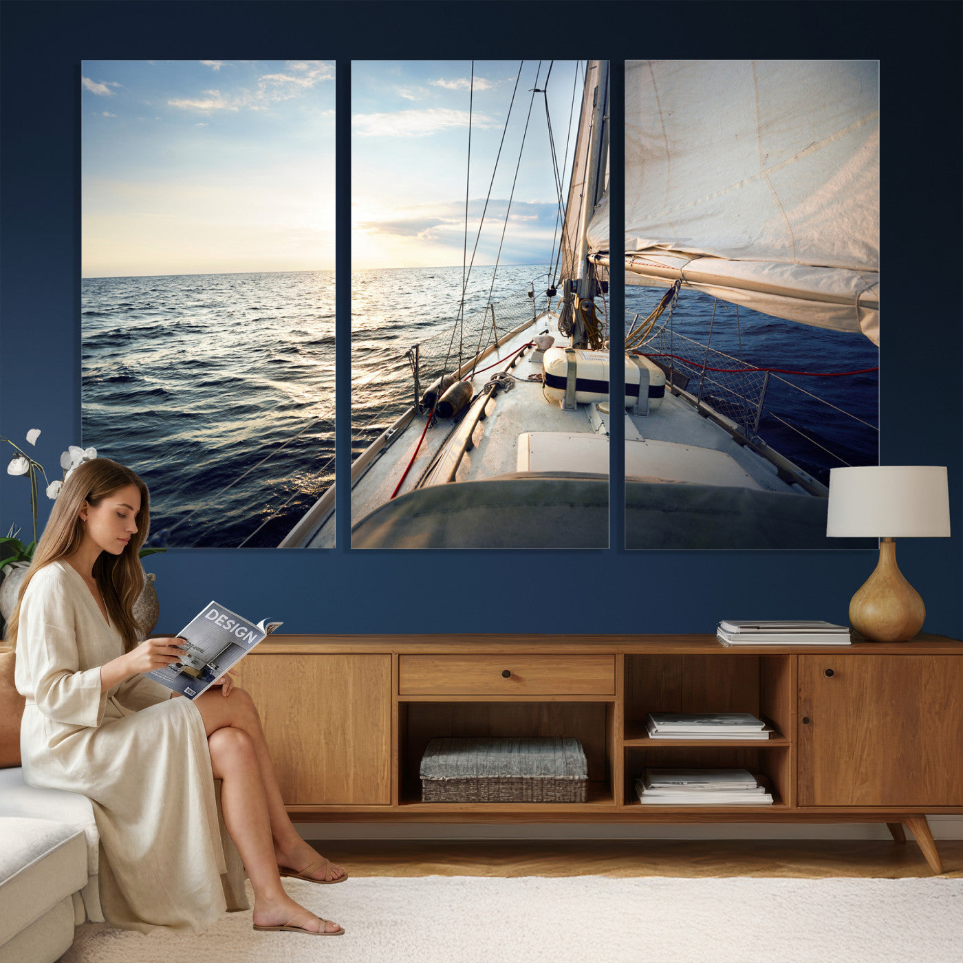 76381335-MGV-CV-36X24 - Sailboat Wall Art Canvas Print, Ocean Sunset Sailing Framed Artwork, Coastal Nautical Seascape Decor for Living Room Office Beach House
