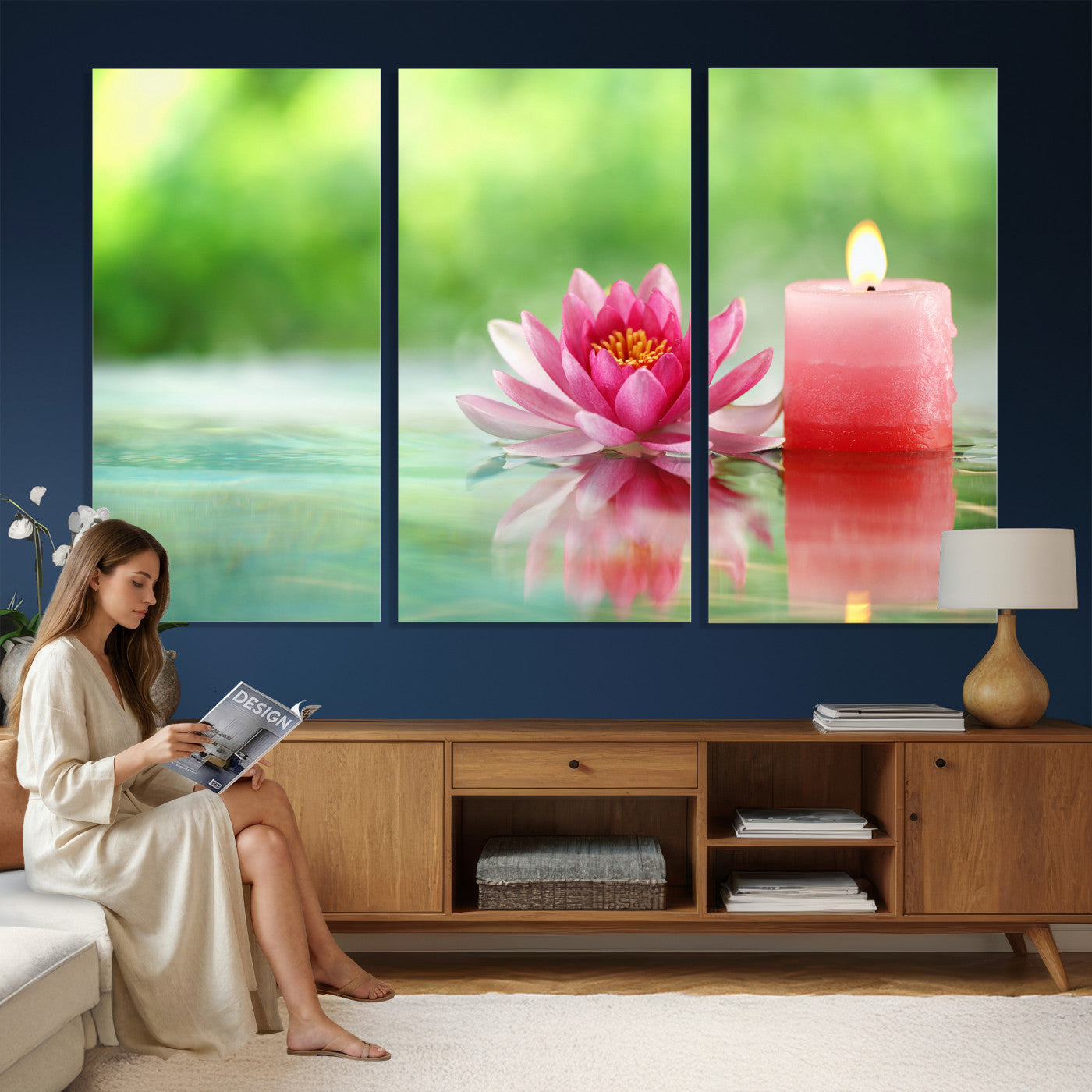 17661715-MGV-CV-36X24 - Zen Lotus Candle Canvas Wall Art Pink Spa Meditation Relaxation Green Bokeh Framed Large for Bathroom Bedroom Living Room Office Decor
