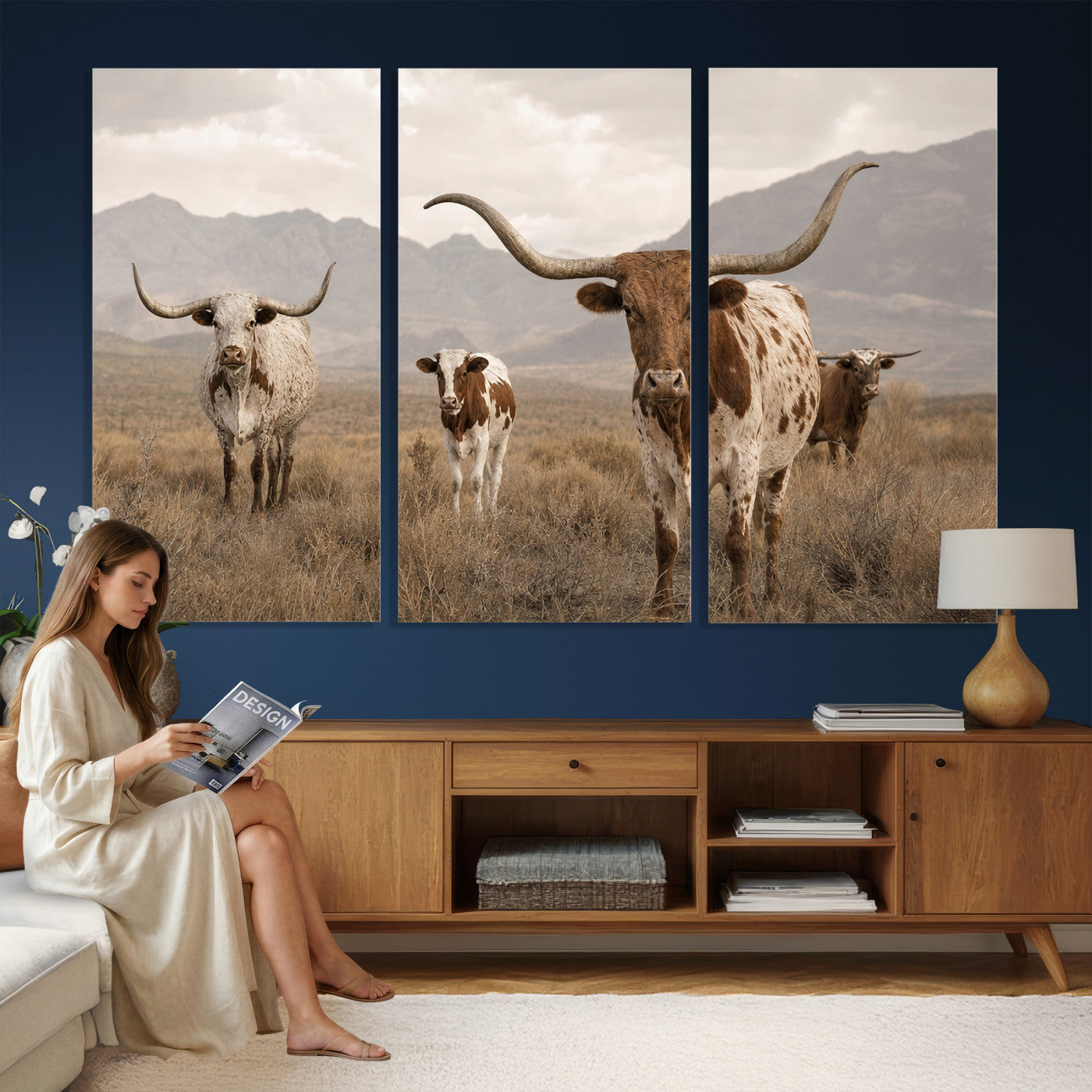 62336425AD-MGV-CV-36X24 - Rustic Texas Longhorn Cow Canvas Wall Art Print, Rustic Farm Animal Photography Print, Farmhouse Country Decor, Western Ranch Art