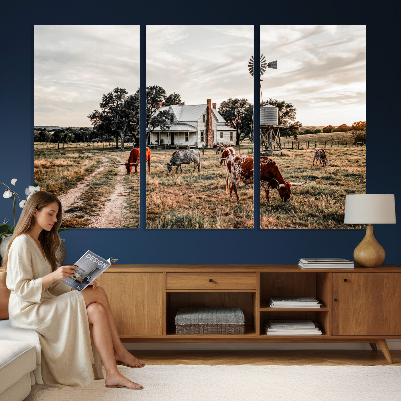 92429425-MGV-CV-36X24 - Texas Longhorn Ranch Wall Art Canvas Print, Rustic Western Farmhouse Decor, Country Landscape Canvas Wall Art, Vintage Cowboy Ranch Picture