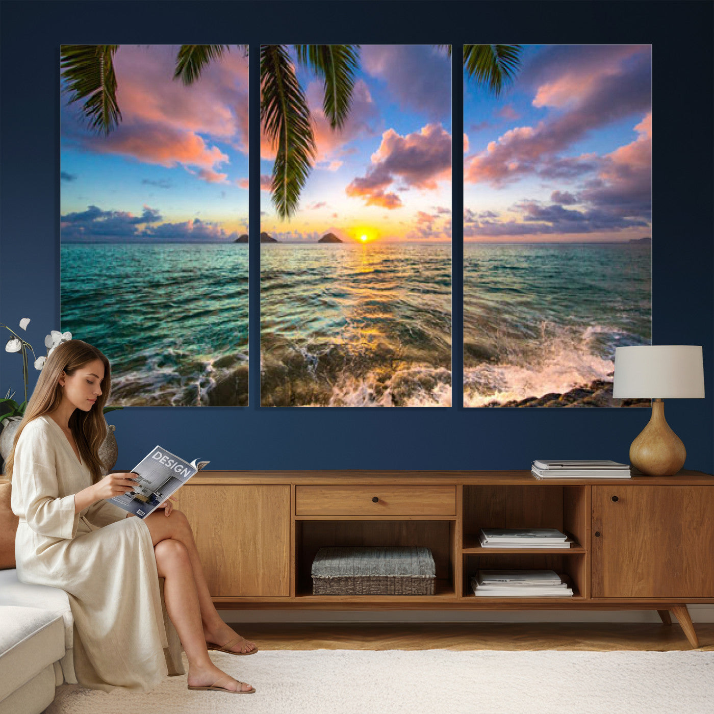 13207742-MGV-CV-36X24 - Hawaii Beach Sunset Canvas Wall Art Print, Tropical Ocean Landscape Artwork, Palm Tree Coastal Decor for Living Room Bedroom