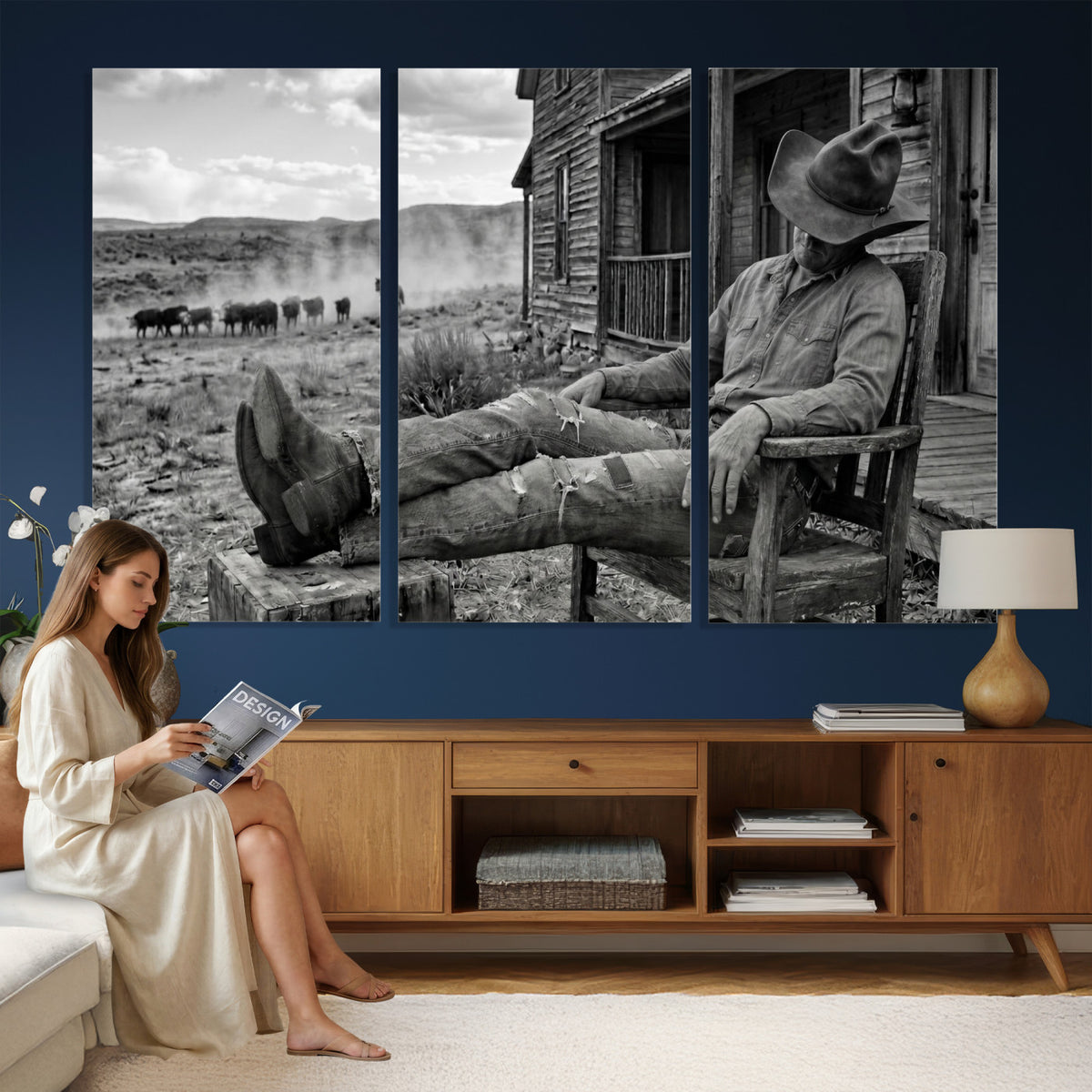 94461975S-MGV-CV-36X24 - Vintage Sleeping Cowboy Wall Art Canvas Print, Western Home Decor