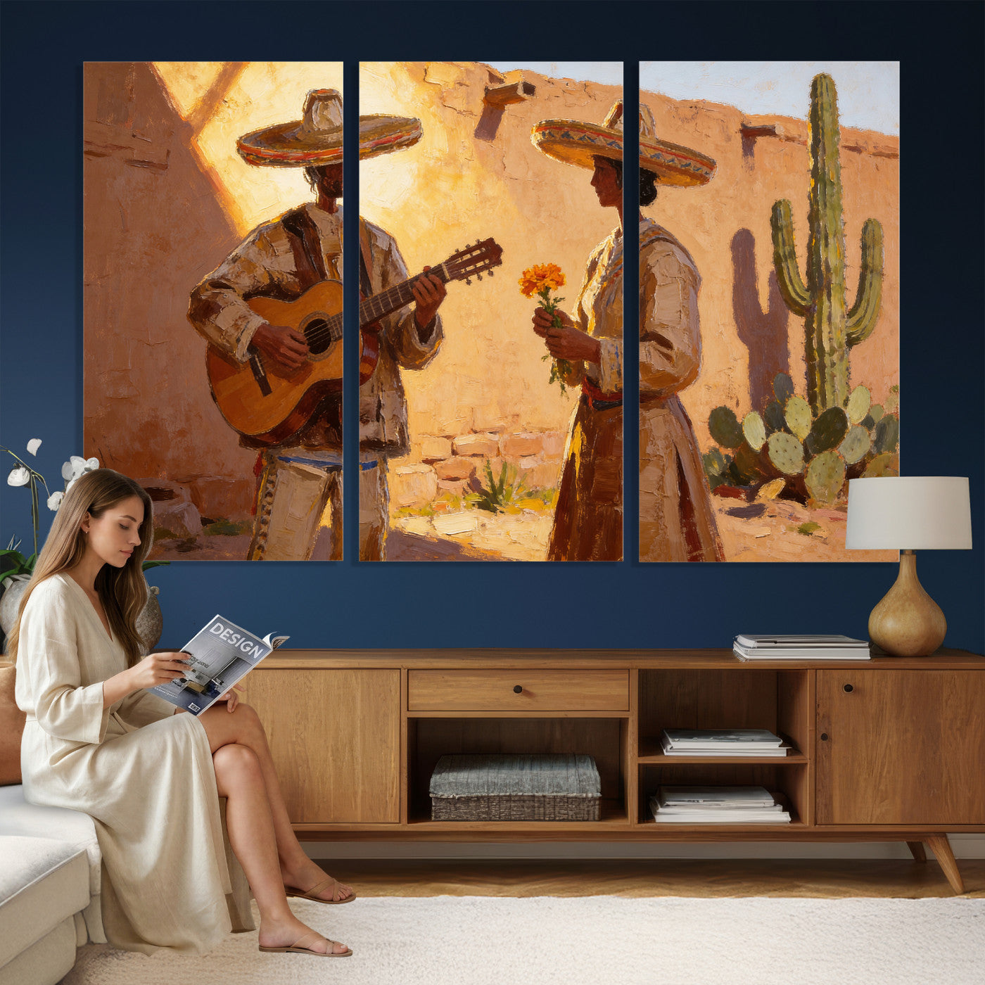 41849005-MGV-CV-36X24 - Mexican Couple Canvas Wall Art, Romantic Serenade Guitar Painting Print, Southwestern Desert Adobe Decor, Warm Golden Folk Art, Living Room Art