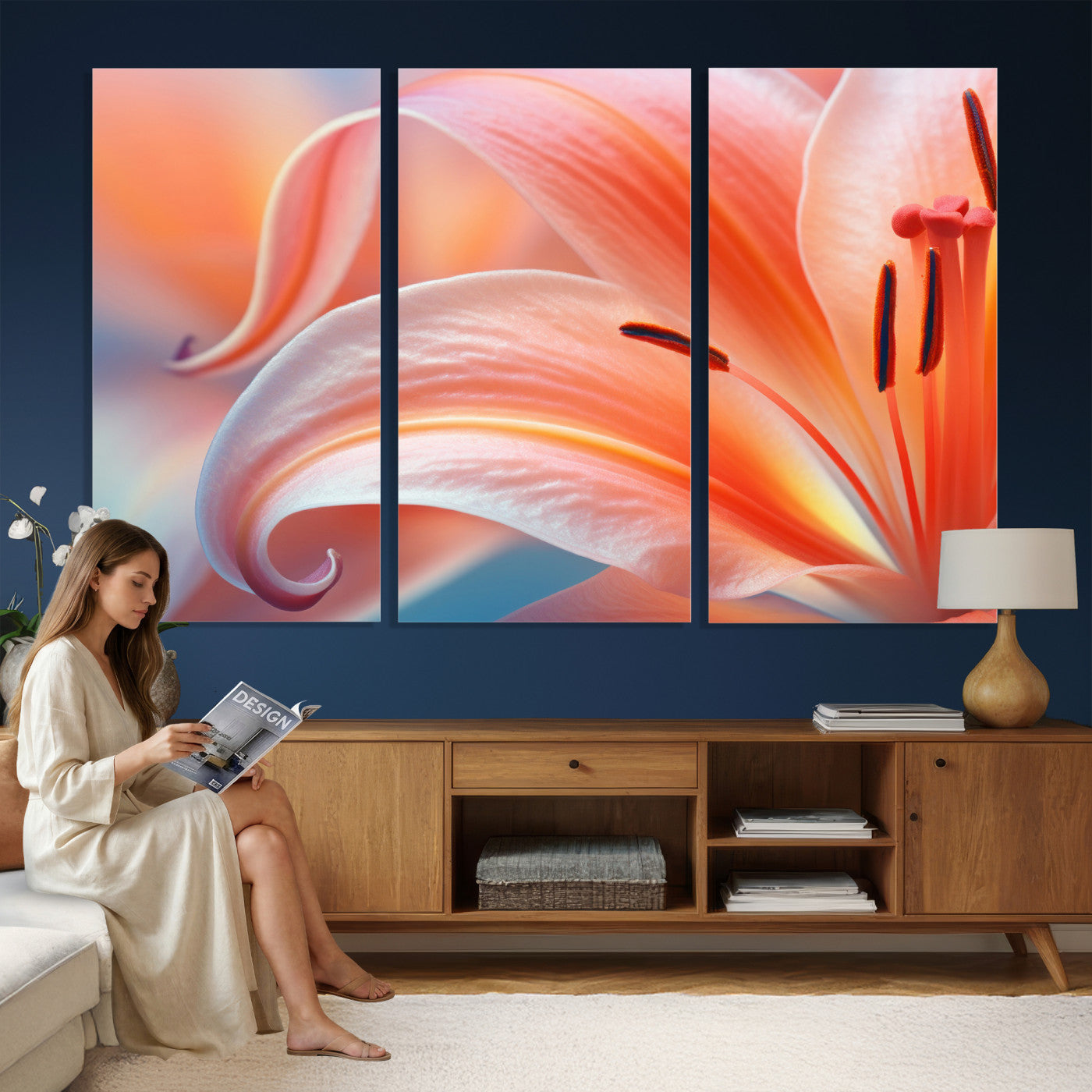 69566231-MGV-CV-36X24 - Peach Lily Canvas Wall Art, Coral Pink Flower Macro Photo Print, Botanical Bedroom Decor, Soft Floral Photography, Living Room Wall Art