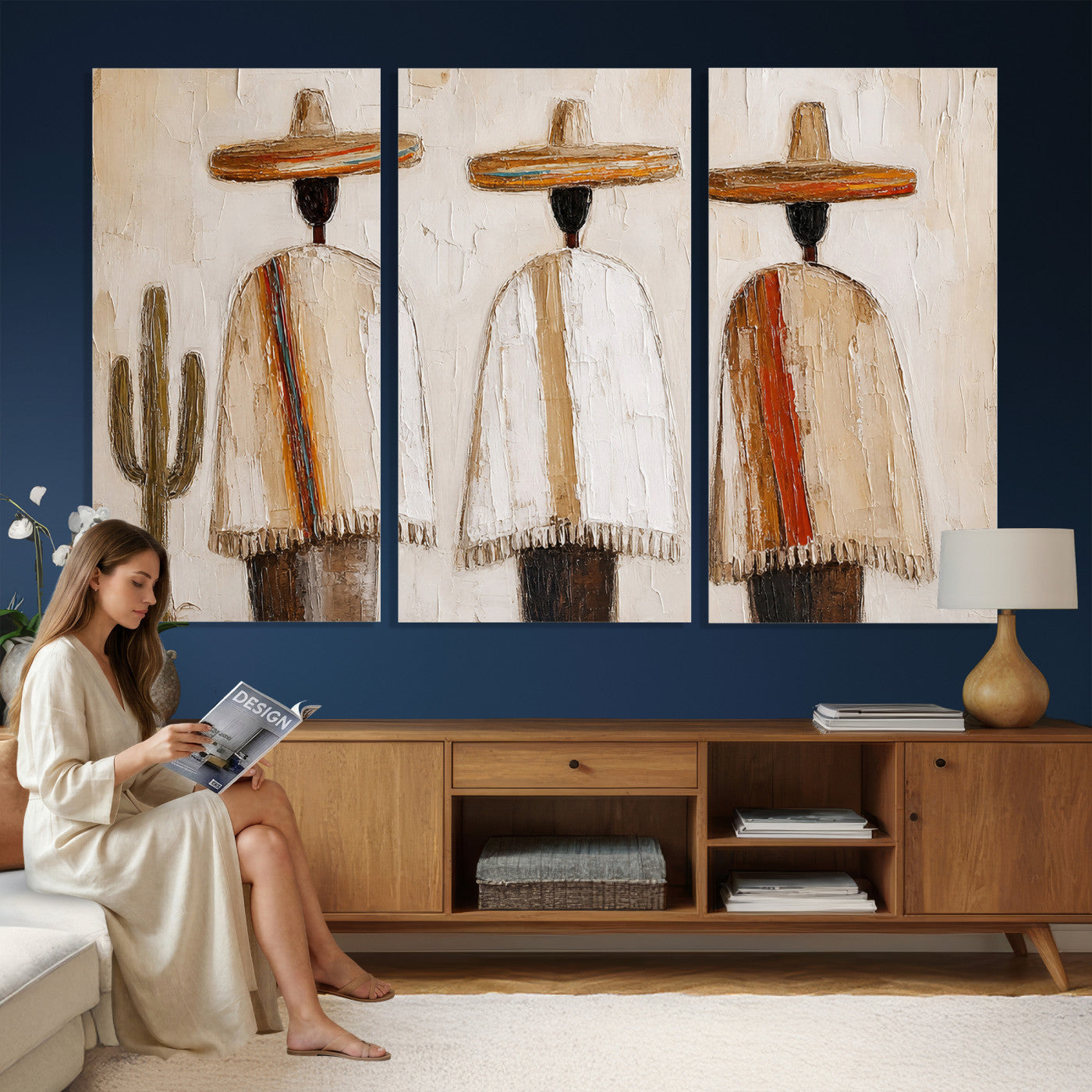 72884785-MGV-CV-36X24 - Mexican Folk Art Canvas Wall Art, Southwestern Sombrero Poncho Painting, Neutral Earthy Boho Decor, Fiesta Living Room Art, Impasto Style Print