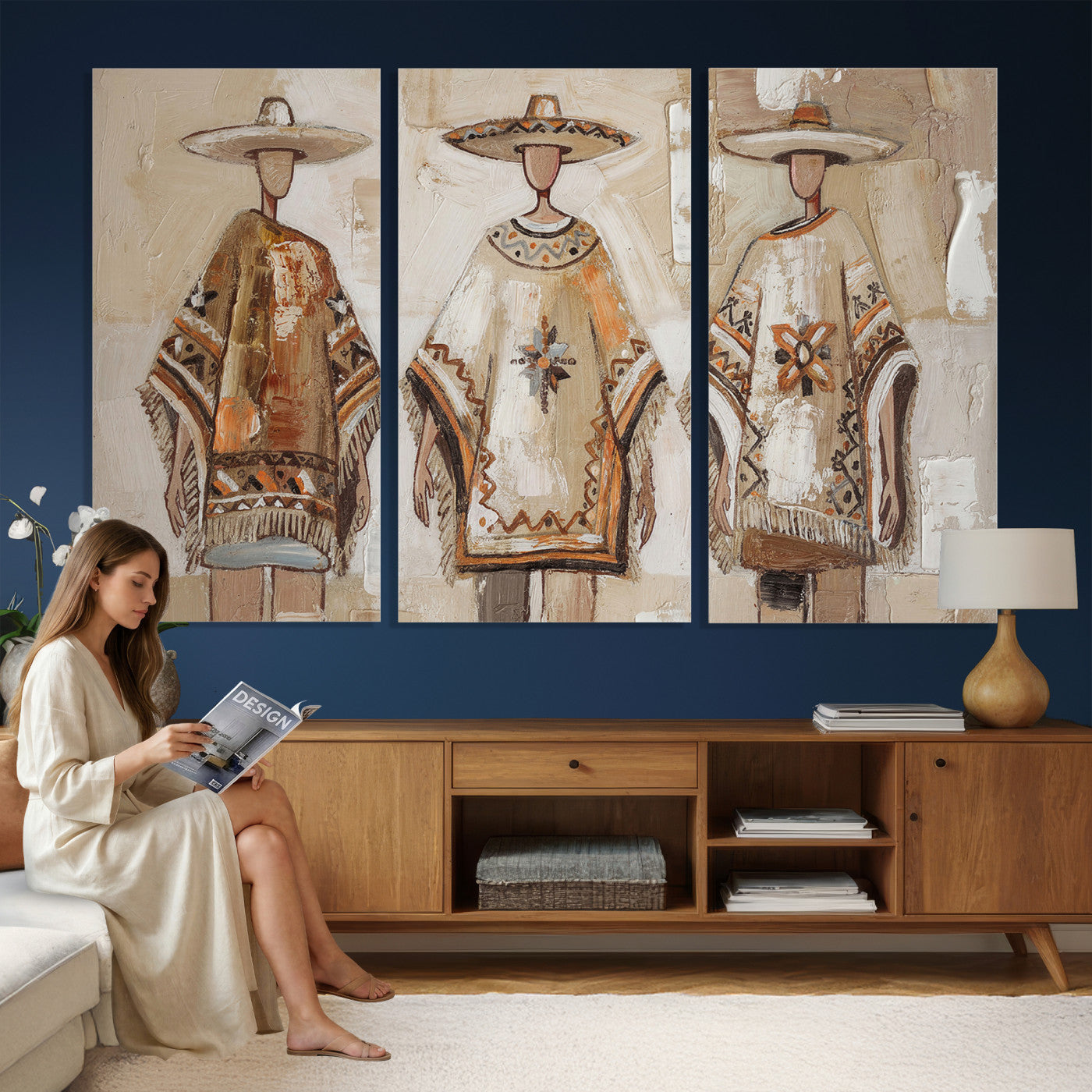 85373290-MGV-CV-36X24 - Mexican Folk Art Canvas Wall Art, Charro Poncho Sombrero Painting Print, Neutral Beige Boho Decor, Southwestern Impasto Style, Living Room Art
