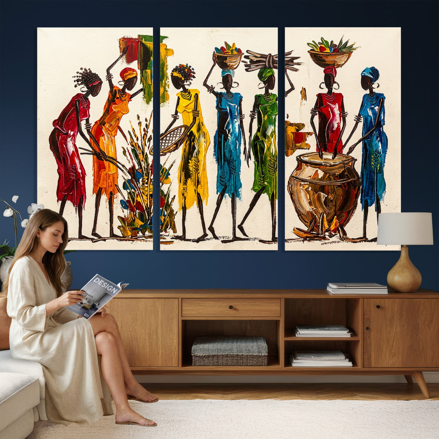 83463154-MGV-CV-36X24 - African Folk Art Canvas Wall Art, Colorful African Women Village Painting Print, Tribal Ethnic Home Decor, Vibrant African Art, Living Room