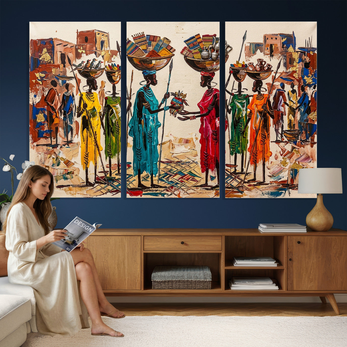 54818657-MGV-CV-36X24 - African Folk Art Canvas Wall Art, Colorful African Women Village Painting Print, Tribal Ethnic Home Decor, Vibrant African Art, Living Room